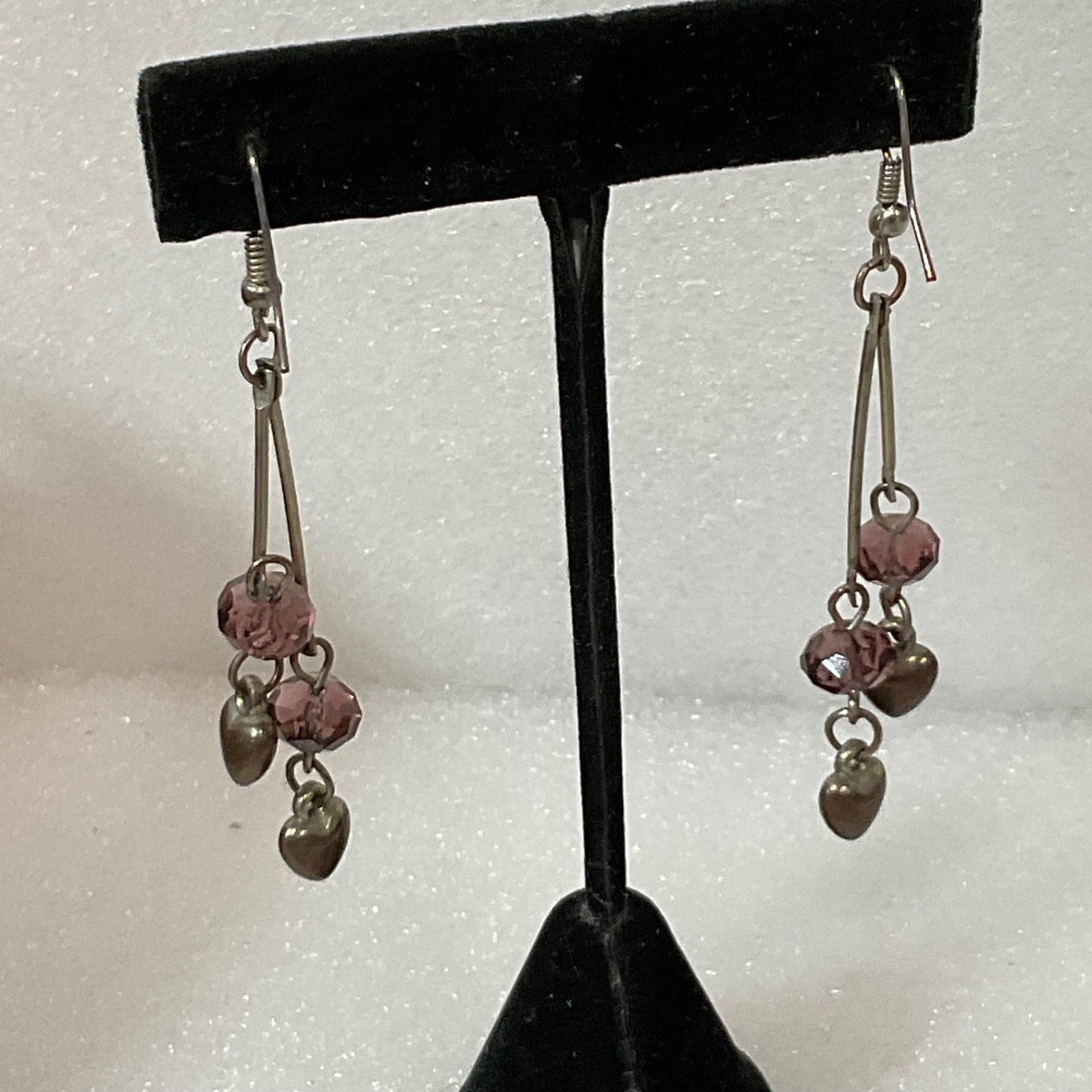 Vintage Silver Tone Dangle Earrings Purple Beads Heart Charms 4.17g 2in Retro - Image 4