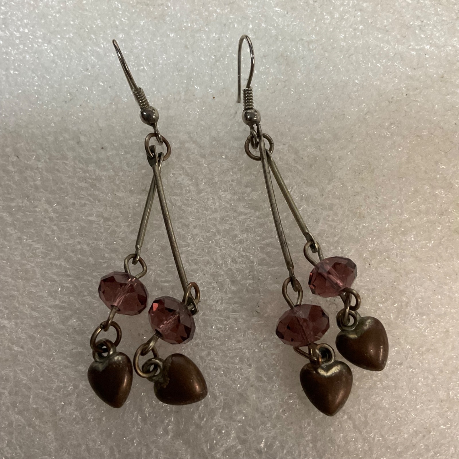 Vintage Silver Tone Dangle Earrings Purple Beads Heart Charms 4.17g 2in Retro - Image 7
