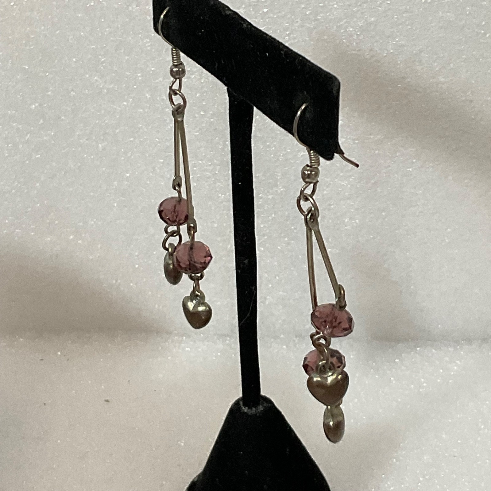 Vintage Silver Tone Dangle Earrings Purple Beads Heart Charms 4.17g 2in Retro - Image 2