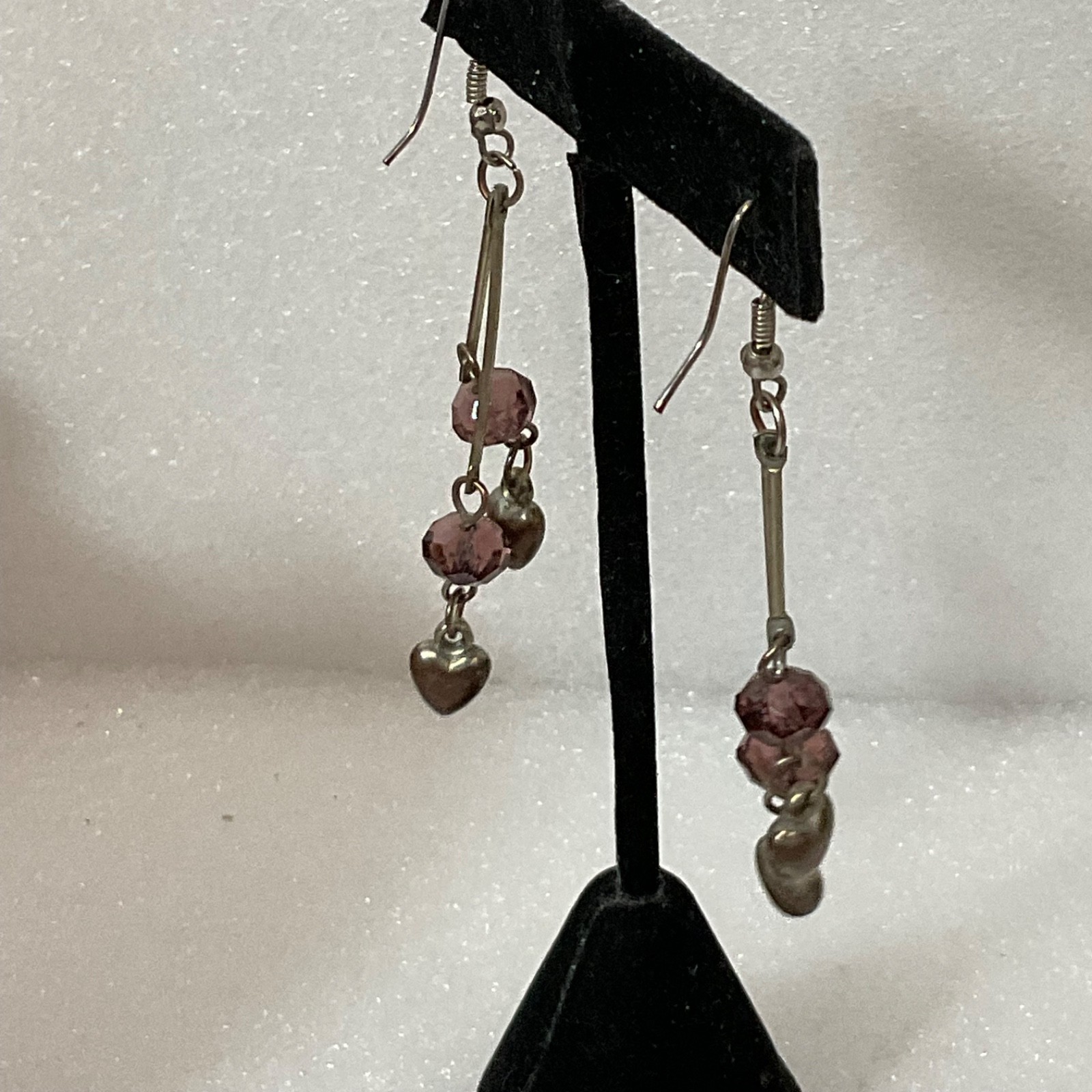 Vintage Silver Tone Dangle Earrings Purple Beads Heart Charms 4.17g 2in Retro - Image 5