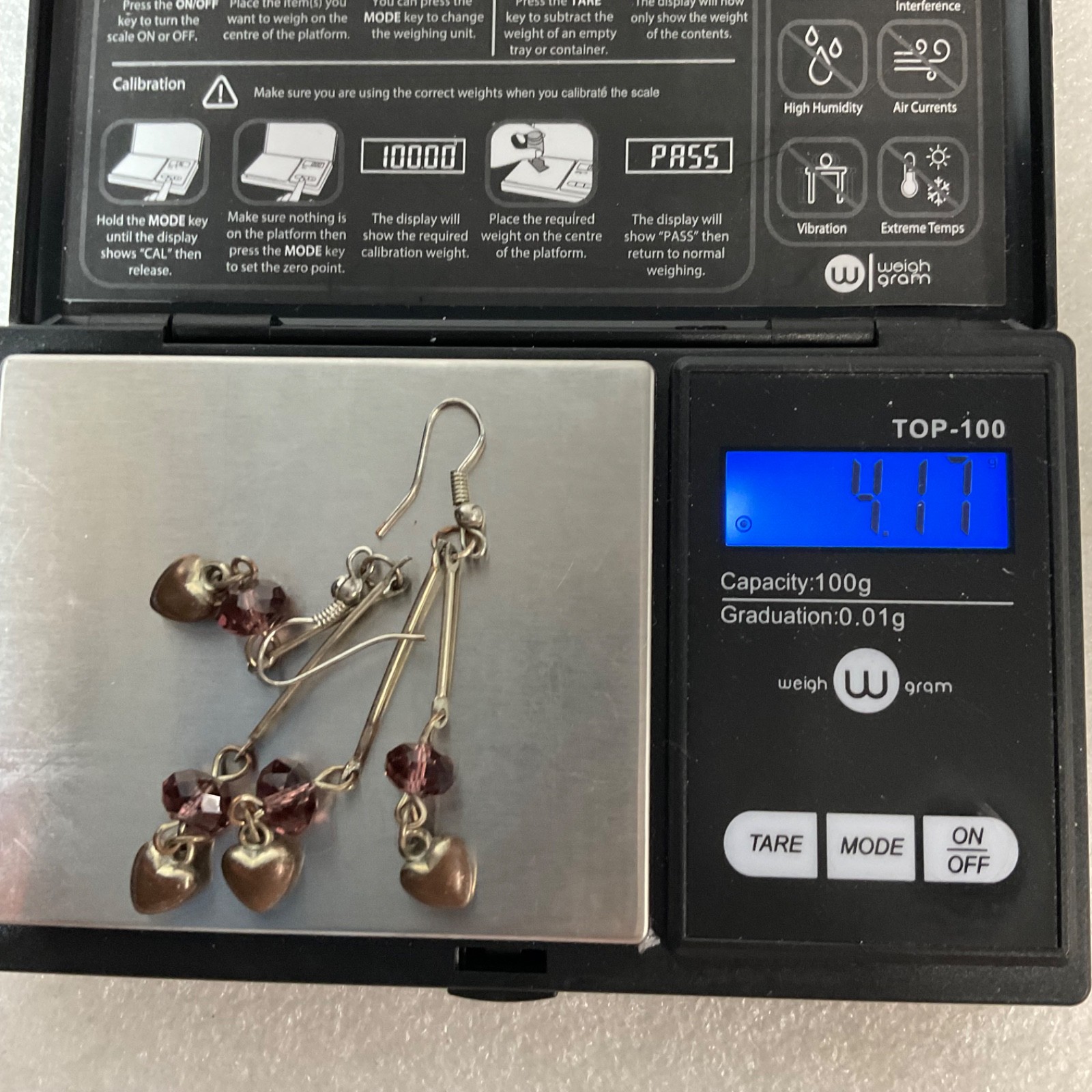 Vintage Silver Tone Dangle Earrings Purple Beads Heart Charms 4.17g 2in Retro - Image 6