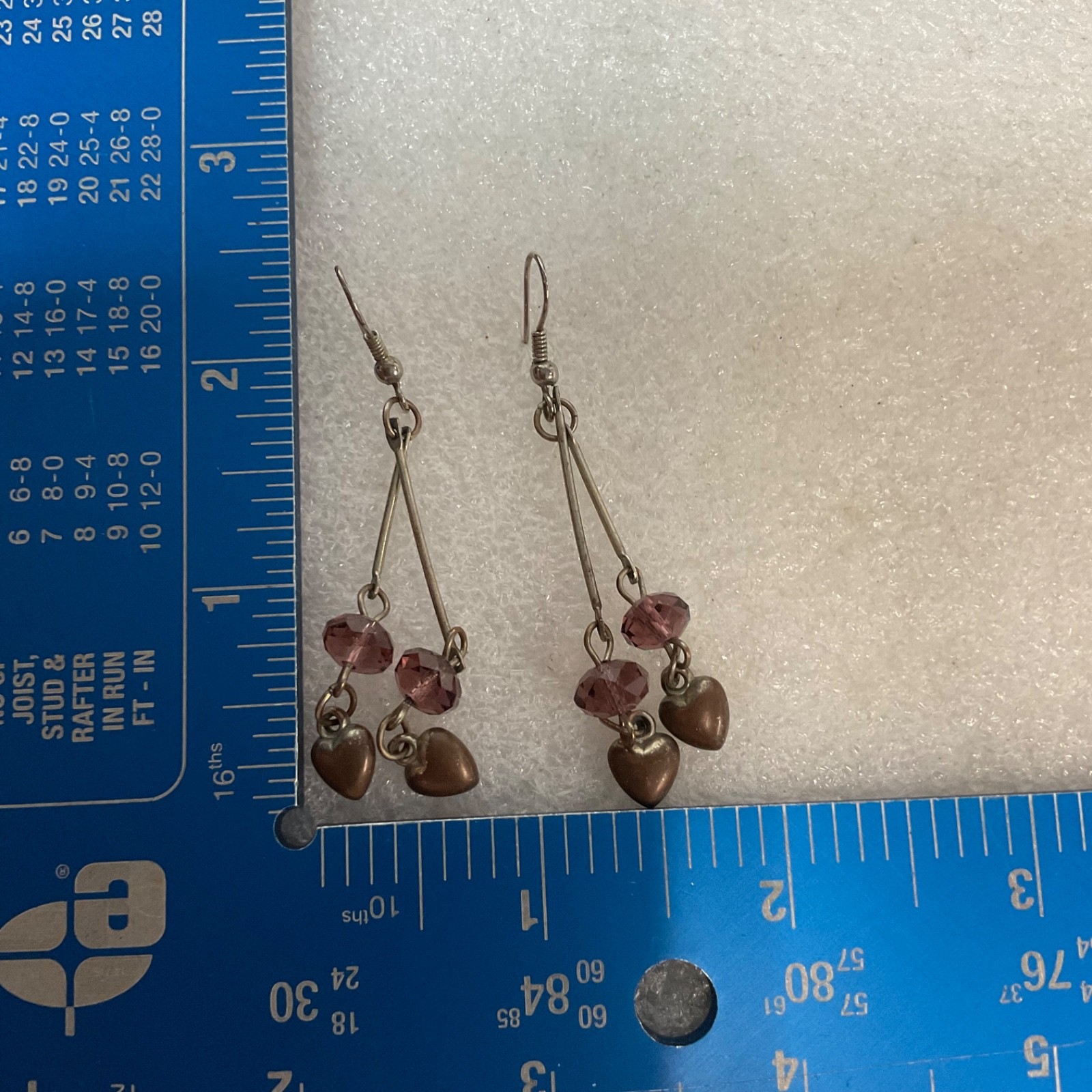 Vintage Silver Tone Dangle Earrings Purple Beads Heart Charms 4.17g 2in Retro - Image 8