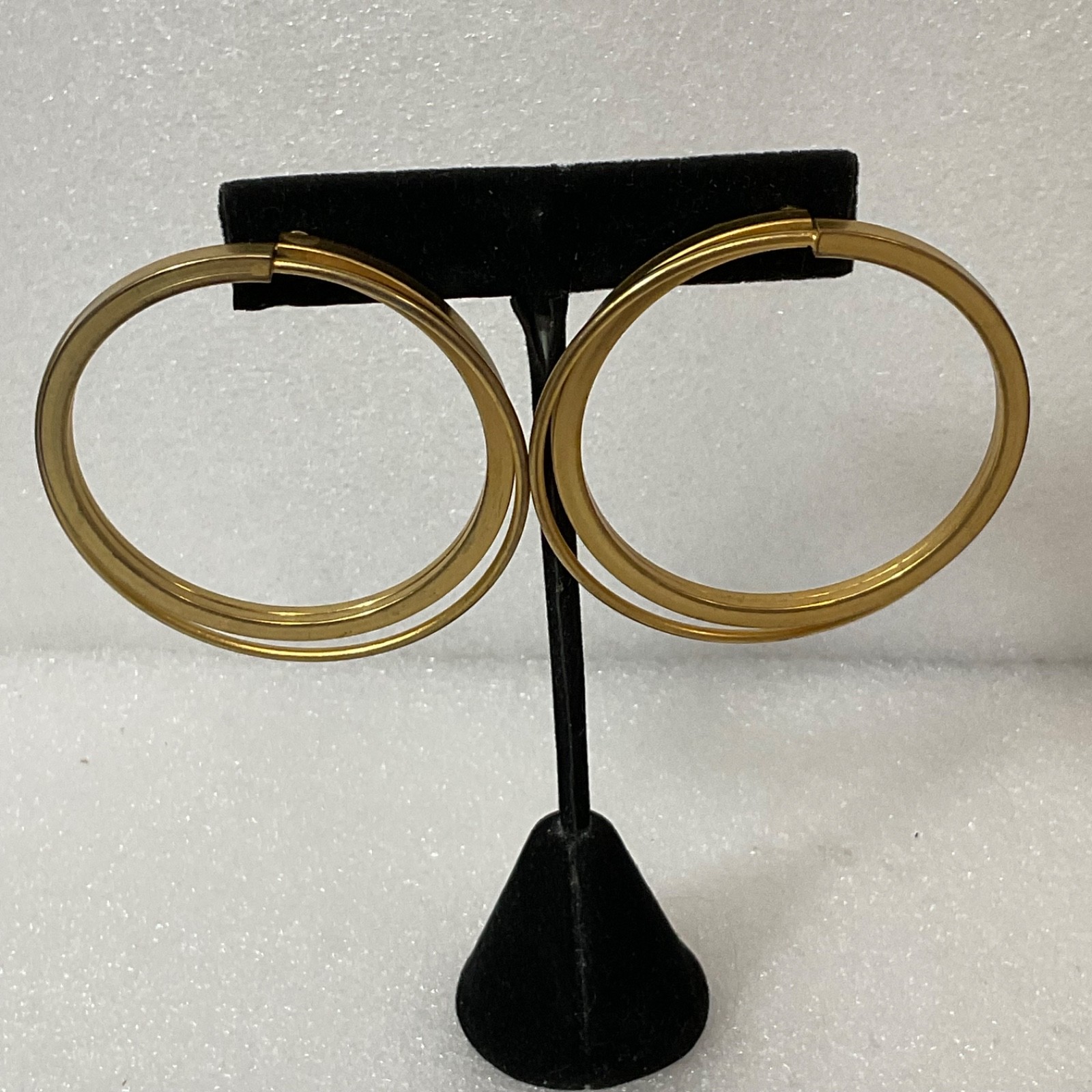 Vintage Gold Tone Hoop Earrings 2.5in Large Double Band Post Pierced 21g Retro - Image 1