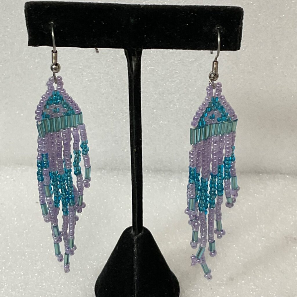 Handmade Beaded Dangle Drop Earrings Purple Blue Fringe Tribal Boho Jewelry 7.41 - Image 1