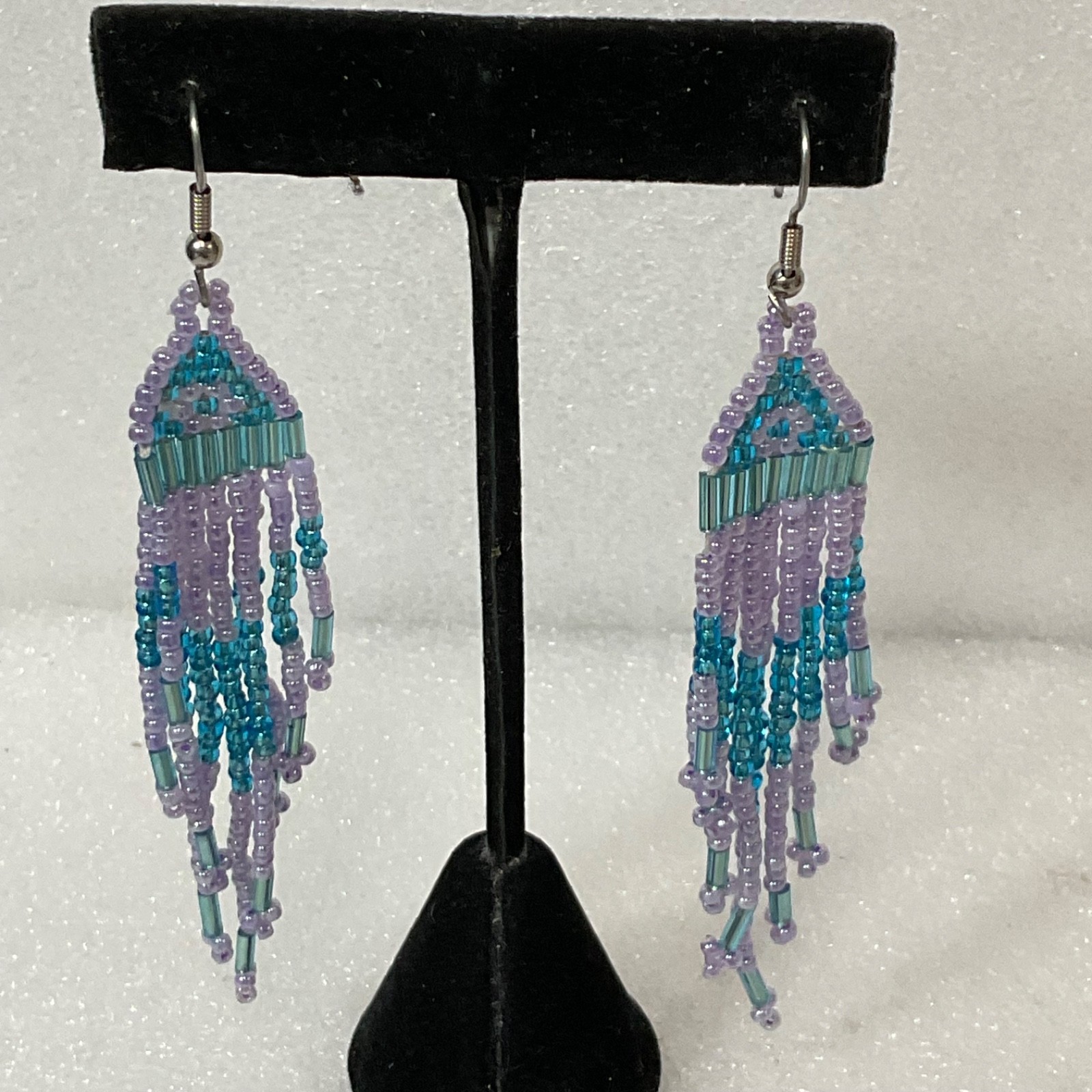 Handmade Beaded Dangle Drop Earrings Purple Blue Fringe Tribal Boho Jewelry 7.41 - Image 1