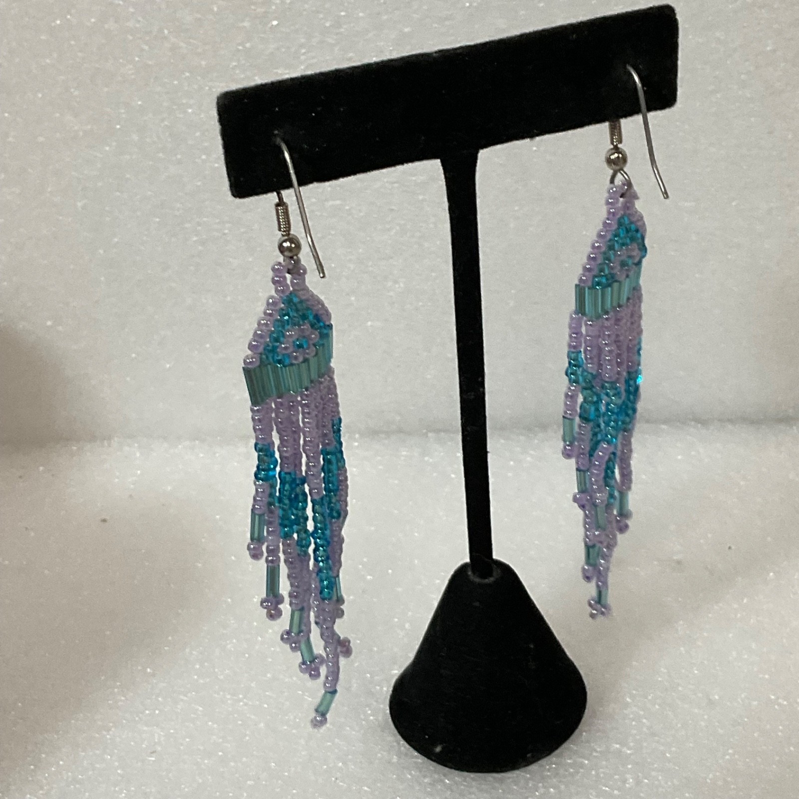 Handmade Beaded Dangle Drop Earrings Purple Blue Fringe Tribal Boho Jewelry 7.41 - Image 4