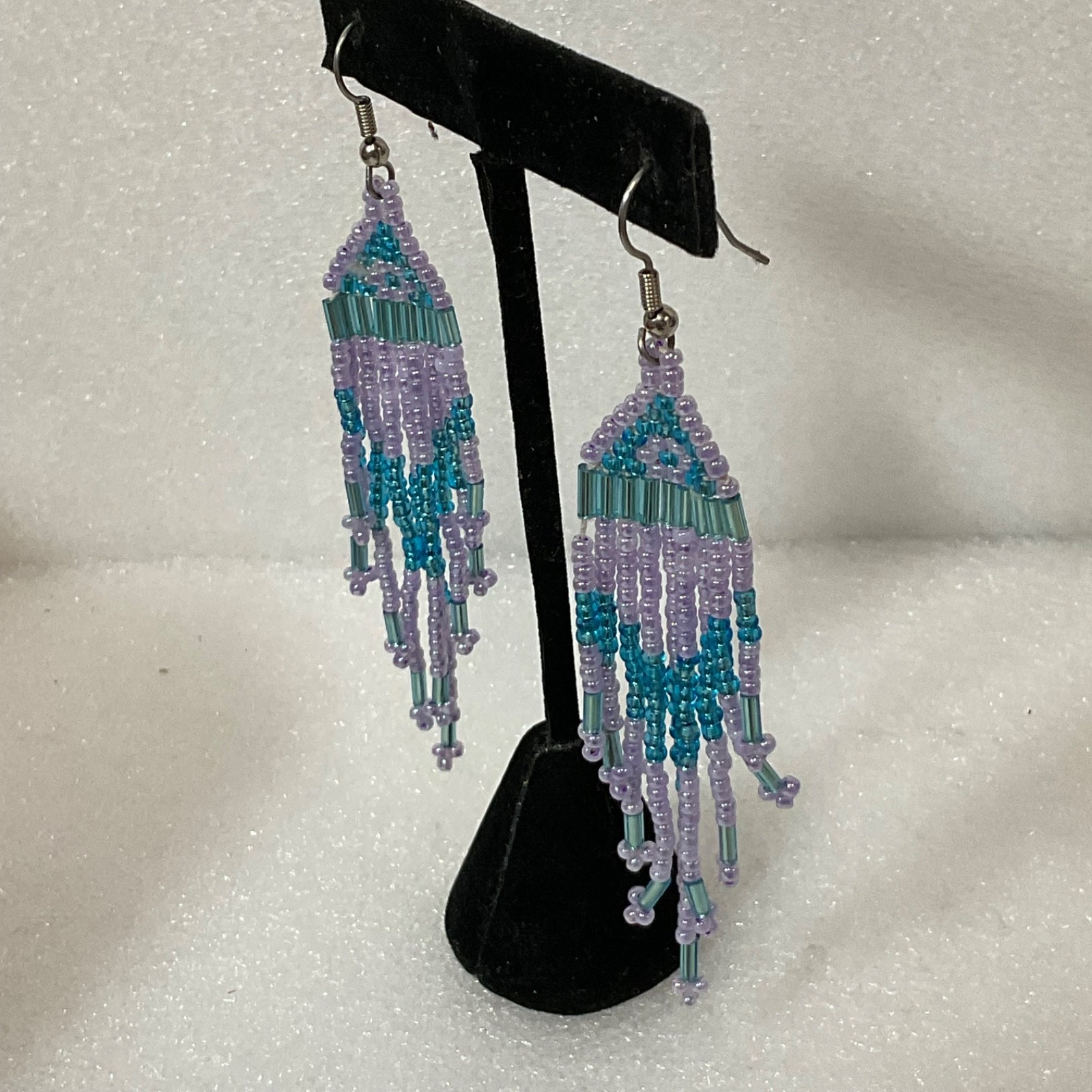 Handmade Beaded Dangle Drop Earrings Purple Blue Fringe Tribal Boho Jewelry 7.41 - Image 2