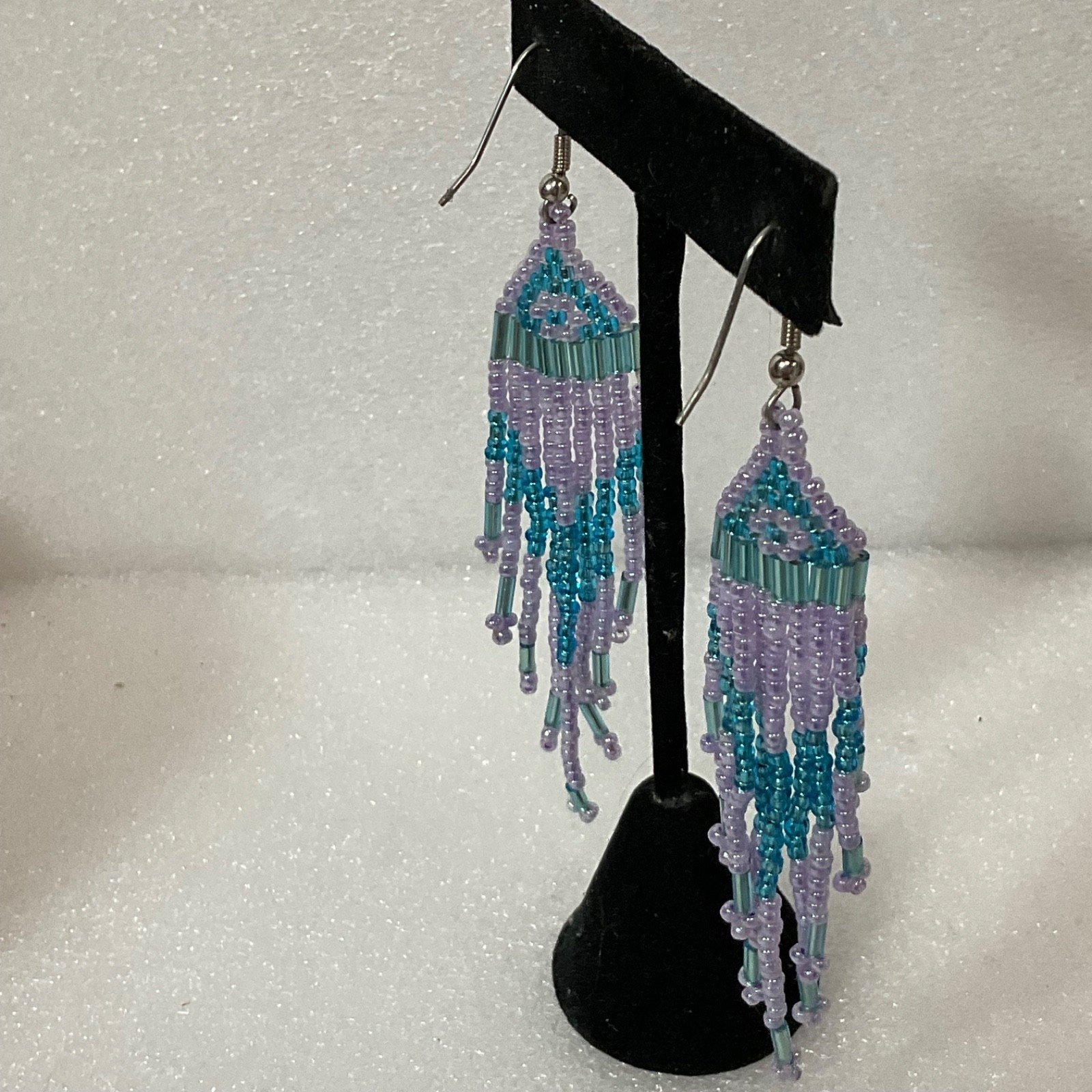 Handmade Beaded Dangle Drop Earrings Purple Blue Fringe Tribal Boho Jewelry 7.41 - Image 6