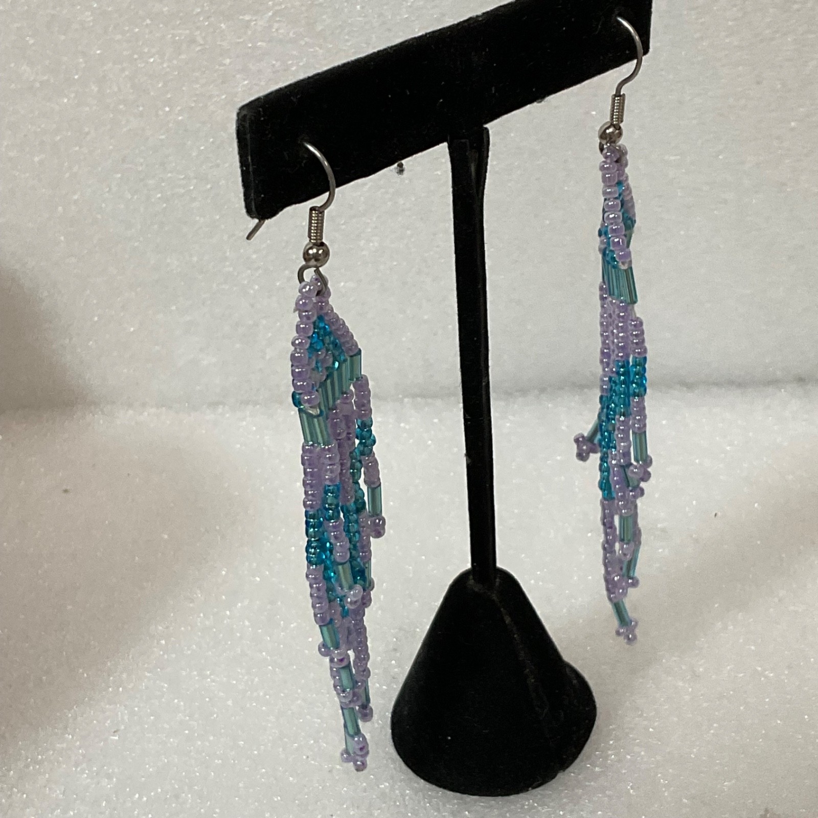 Handmade Beaded Dangle Drop Earrings Purple Blue Fringe Tribal Boho Jewelry 7.41 - Image 7