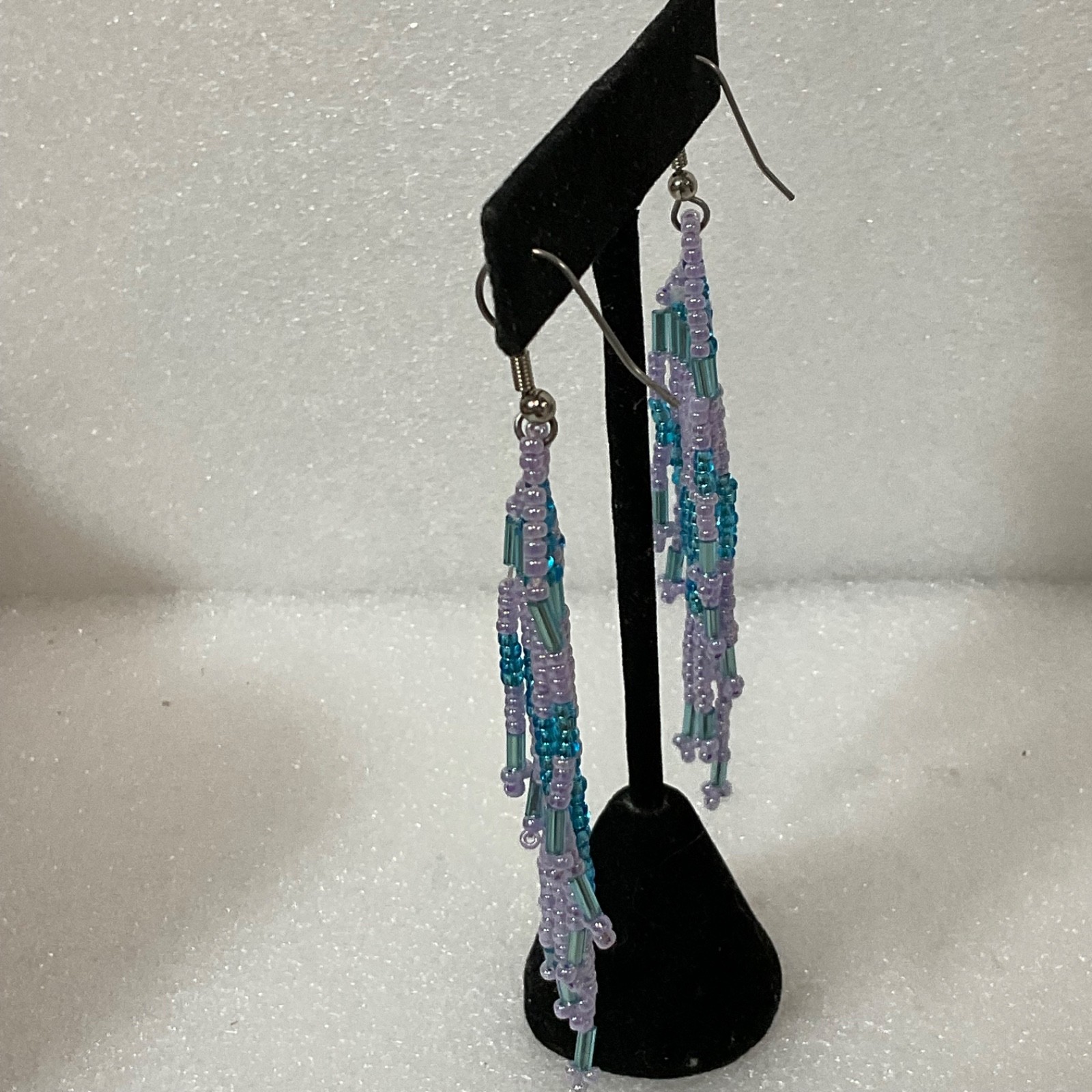 Handmade Beaded Dangle Drop Earrings Purple Blue Fringe Tribal Boho Jewelry 7.41 - Image 3