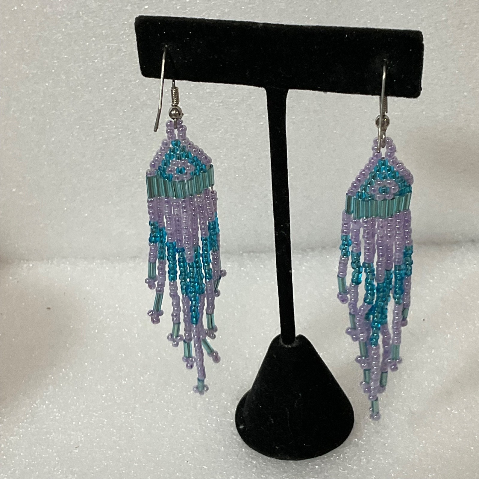 Handmade Beaded Dangle Drop Earrings Purple Blue Fringe Tribal Boho Jewelry 7.41 - Image 5