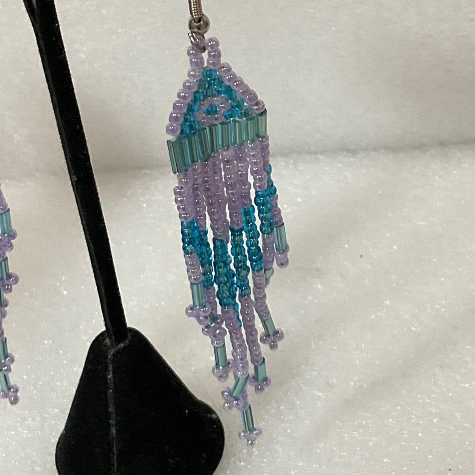 Handmade Beaded Dangle Drop Earrings Purple Blue Fringe Tribal Boho Jewelry 7.41 - Image 9