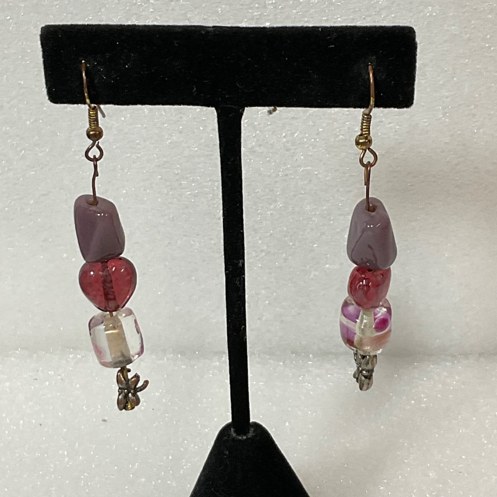 Handmade Beaded Dangle Earrings Pink Heart Glass Bead Purple Accent Boho Jewelry - Image 1