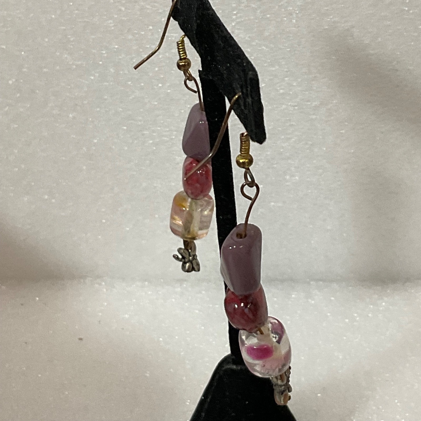 Handmade Beaded Dangle Earrings Pink Heart Glass Bead Purple Accent Boho Jewelry - Image 5
