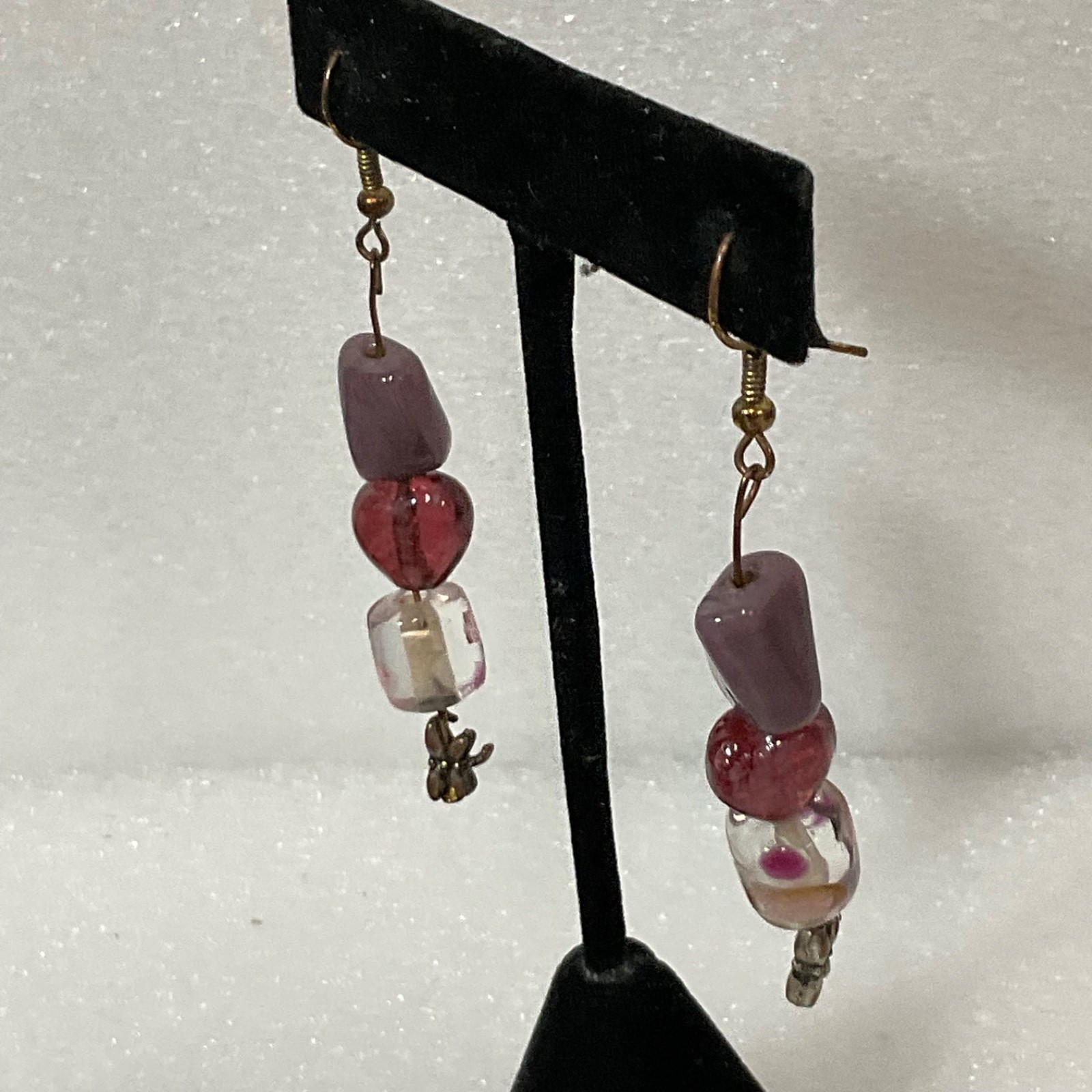 Handmade Beaded Dangle Earrings Pink Heart Glass Bead Purple Accent Boho Jewelry - Image 2