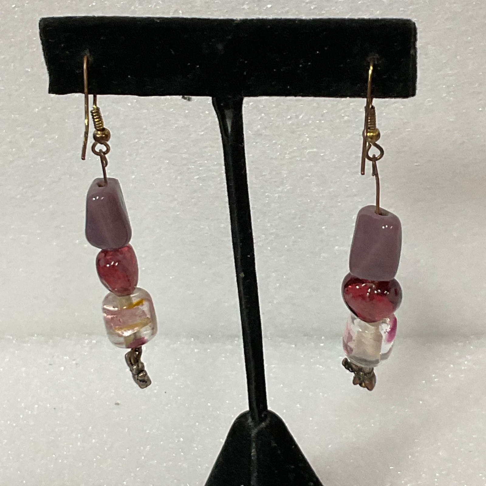 Handmade Beaded Dangle Earrings Pink Heart Glass Bead Purple Accent Boho Jewelry - Image 4