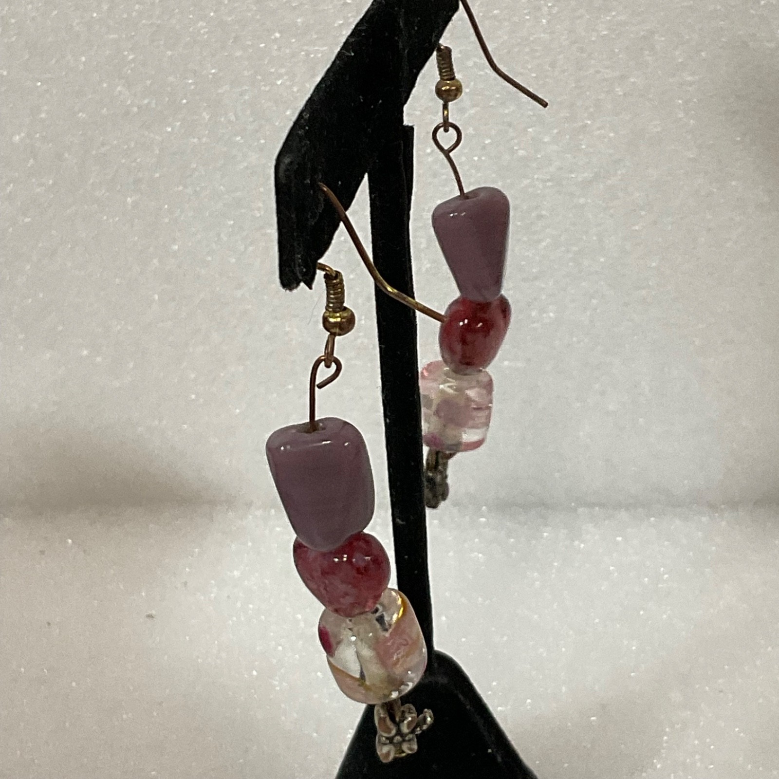 Handmade Beaded Dangle Earrings Pink Heart Glass Bead Purple Accent Boho Jewelry - Image 3