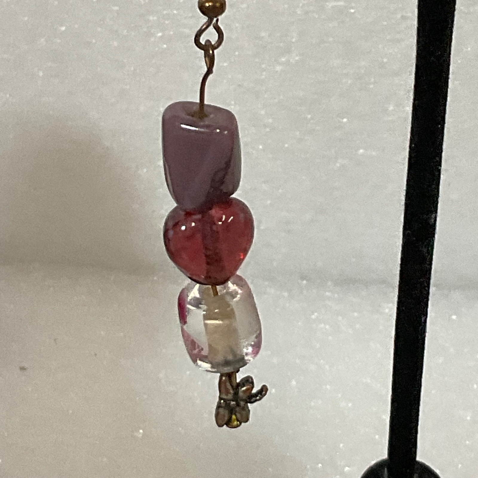 Handmade Beaded Dangle Earrings Pink Heart Glass Bead Purple Accent Boho Jewelry - Image 6