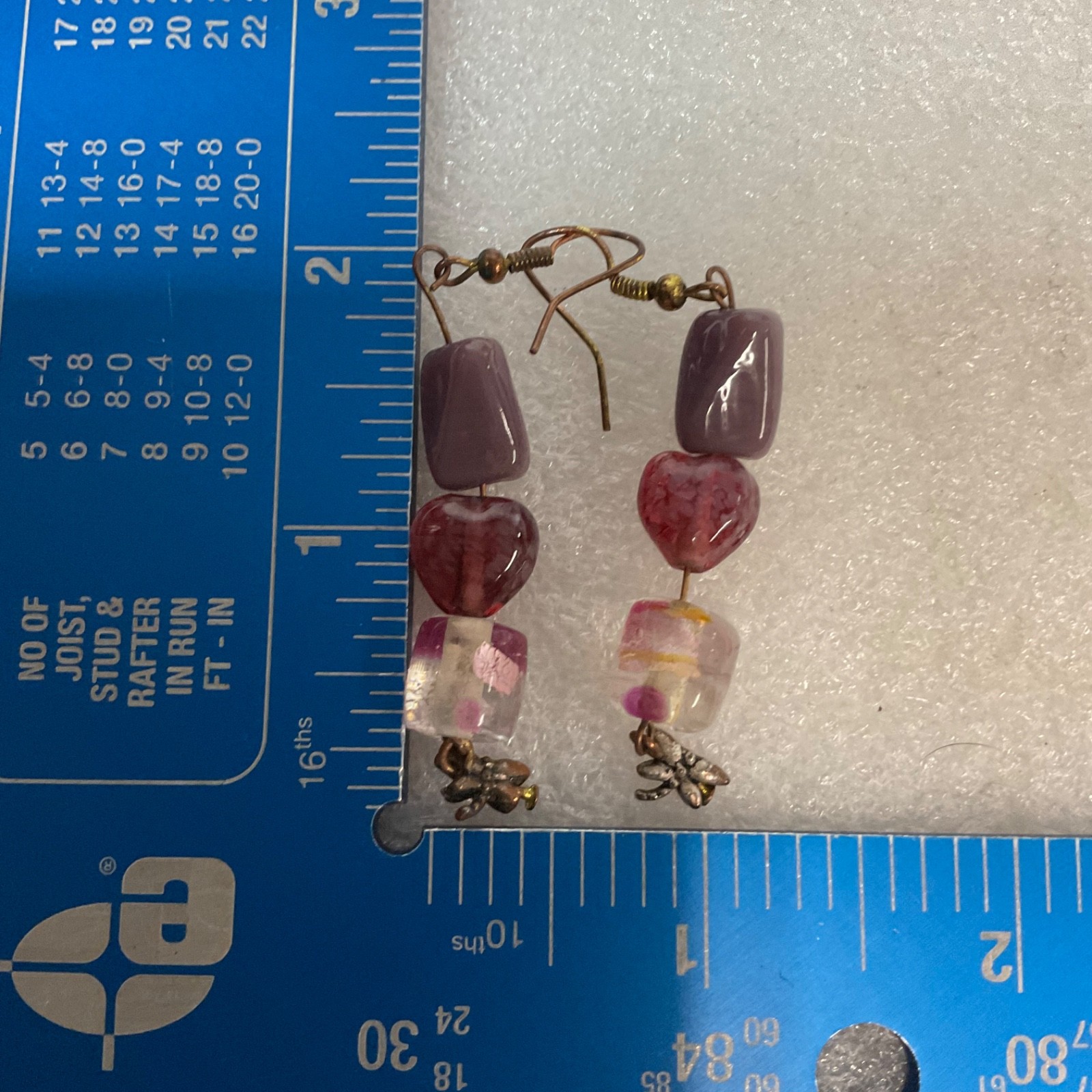 Handmade Beaded Dangle Earrings Pink Heart Glass Bead Purple Accent Boho Jewelry - Image 9