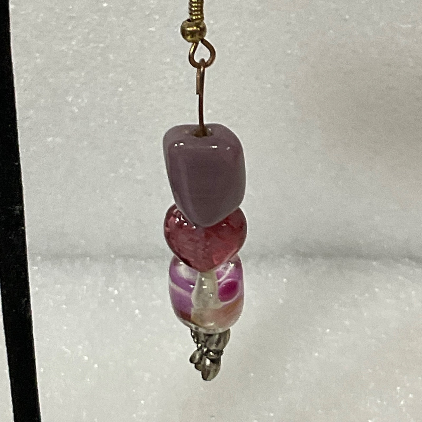 Handmade Beaded Dangle Earrings Pink Heart Glass Bead Purple Accent Boho Jewelry - Image 7