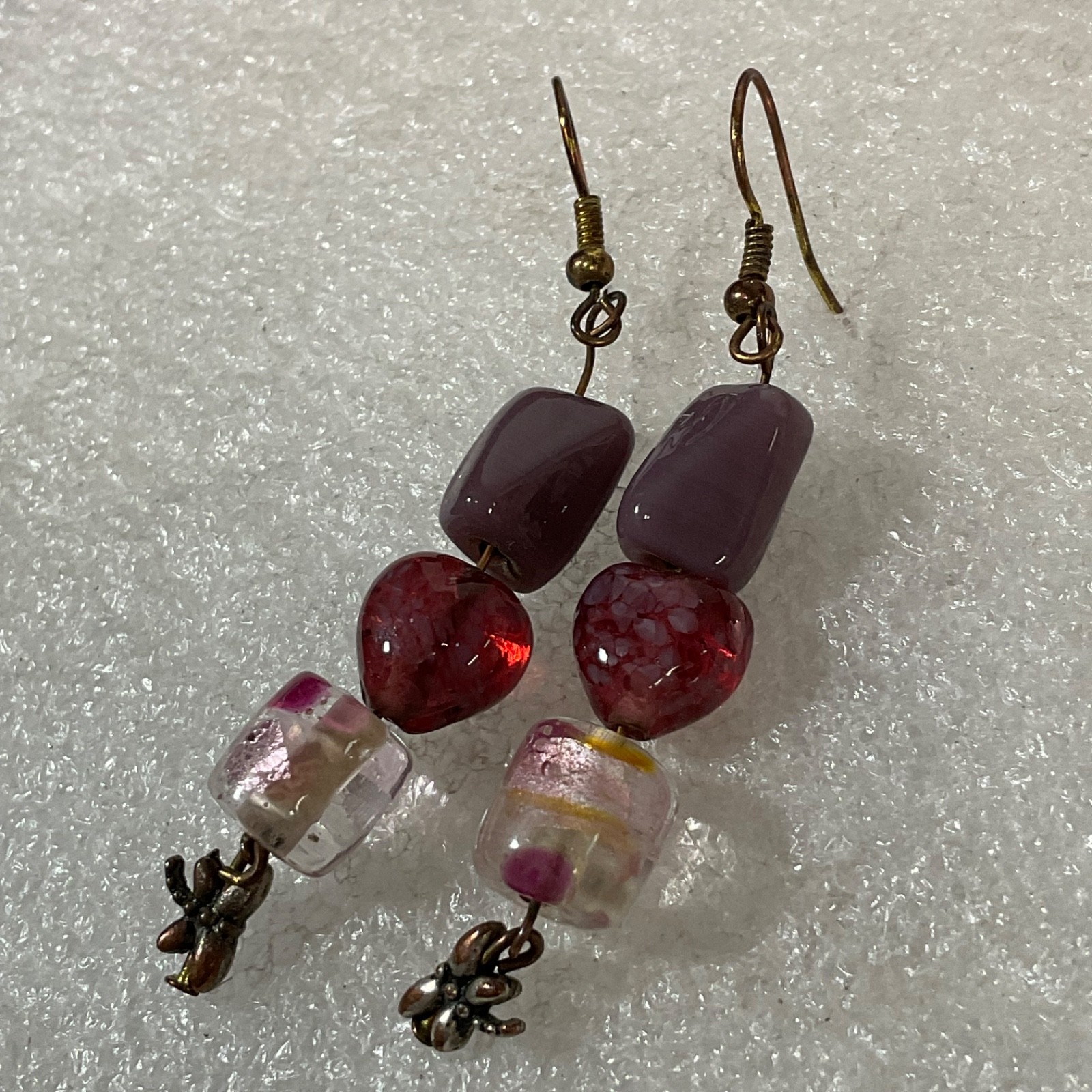 Handmade Beaded Dangle Earrings Pink Heart Glass Bead Purple Accent Boho Jewelry - Image 11