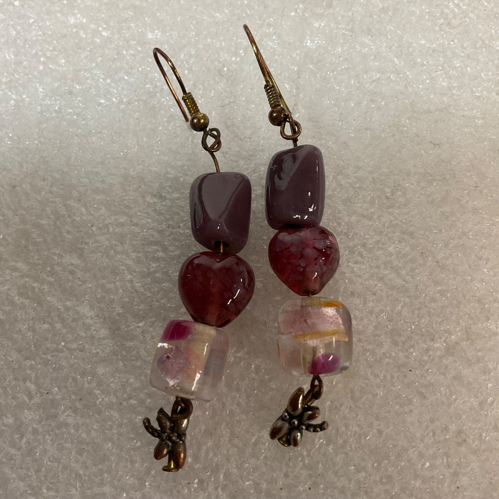 Handmade Beaded Dangle Earrings Pink Heart Glass Bead Purple Accent Boho Jewelry - Image 10