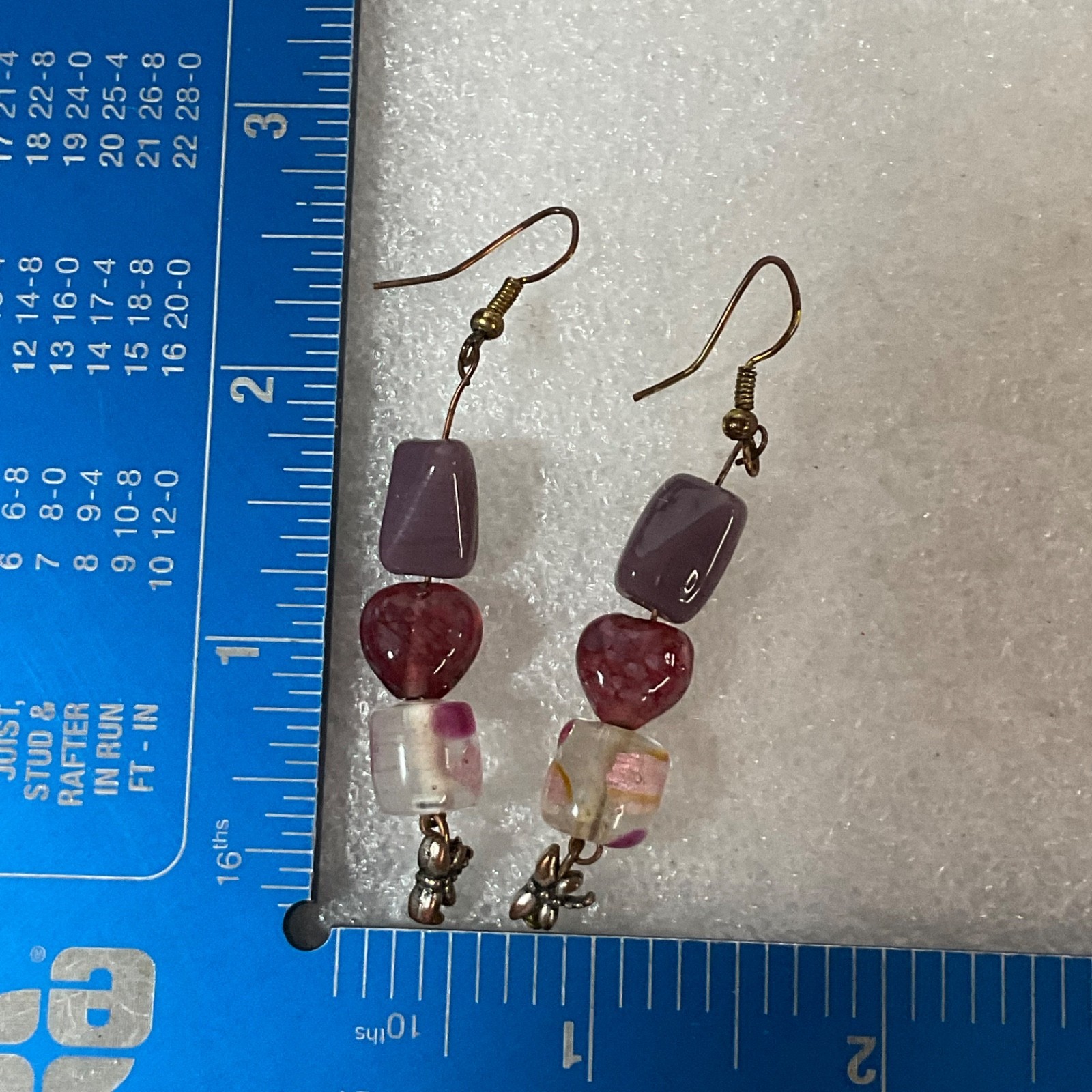 Handmade Beaded Dangle Earrings Pink Heart Glass Bead Purple Accent Boho Jewelry - Image 12
