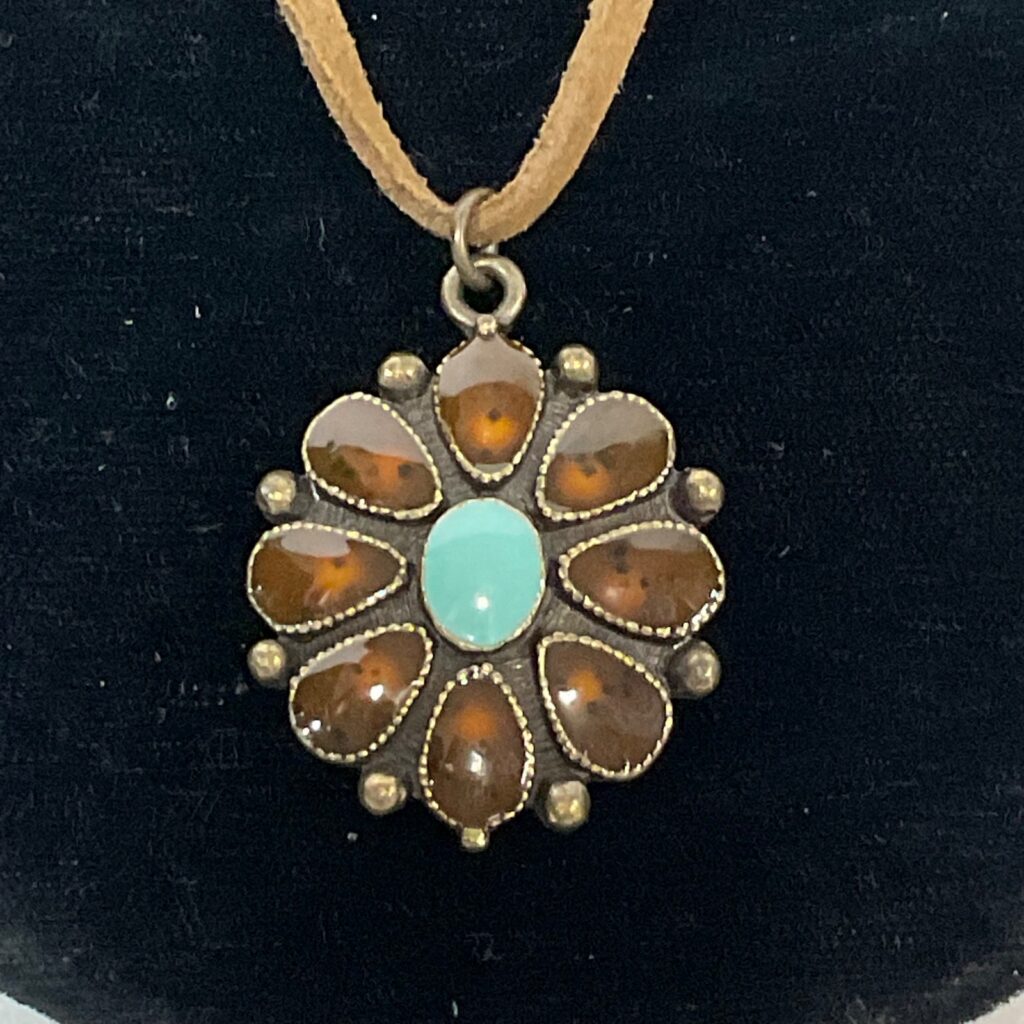 18in Claires Flower Pendant Necklace Brown & Turquoise Glass Beads Boho Jewelry - Image 1
