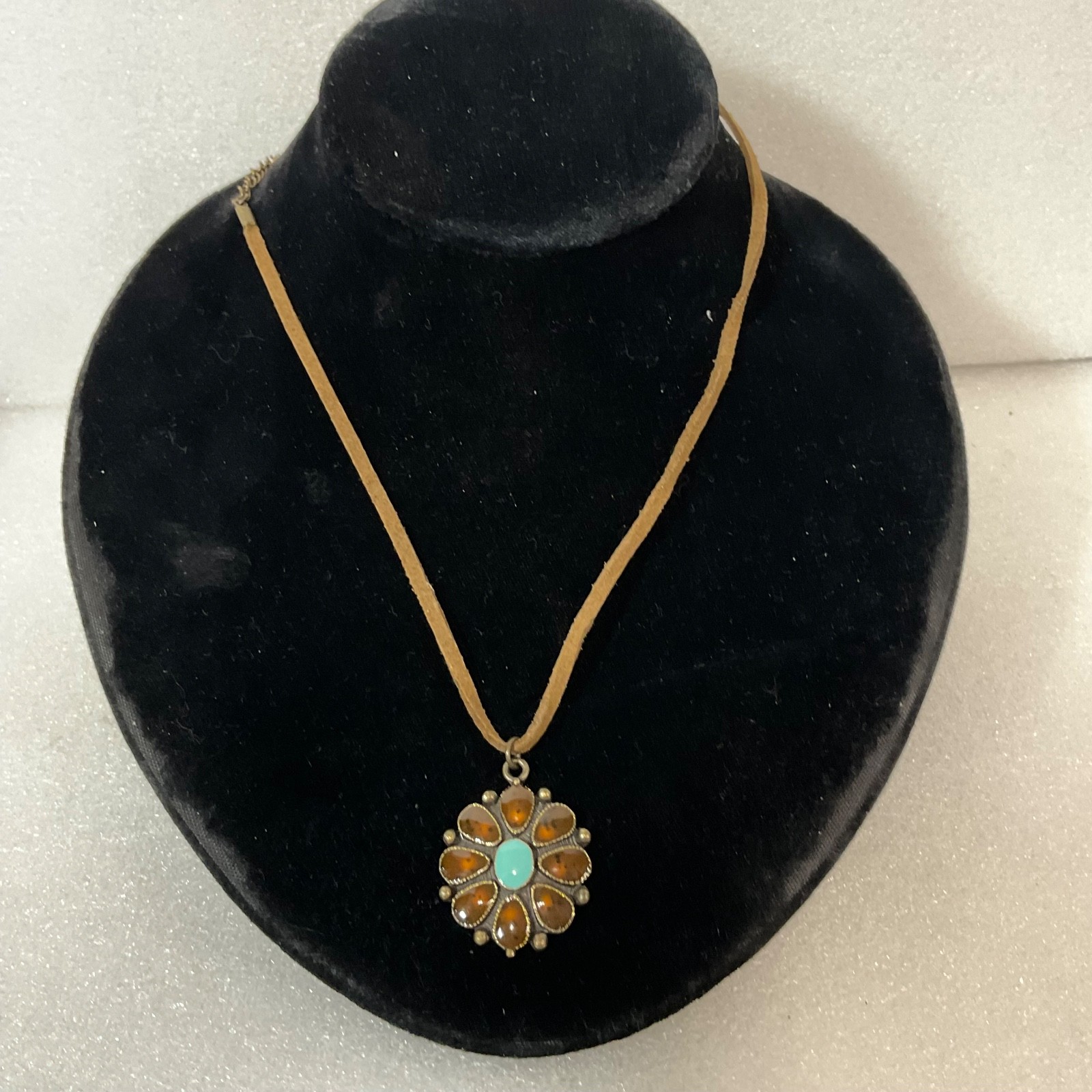 18in Claires Flower Pendant Necklace Brown & Turquoise Glass Beads Boho Jewelry - Image 2