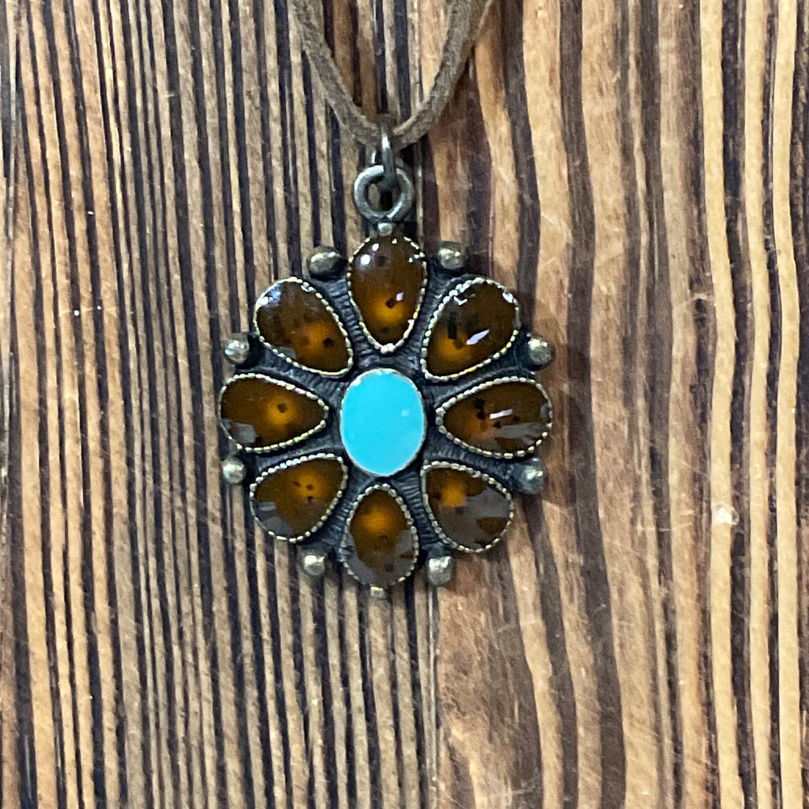 18in Claires Flower Pendant Necklace Brown & Turquoise Glass Beads Boho Jewelry - Image 4