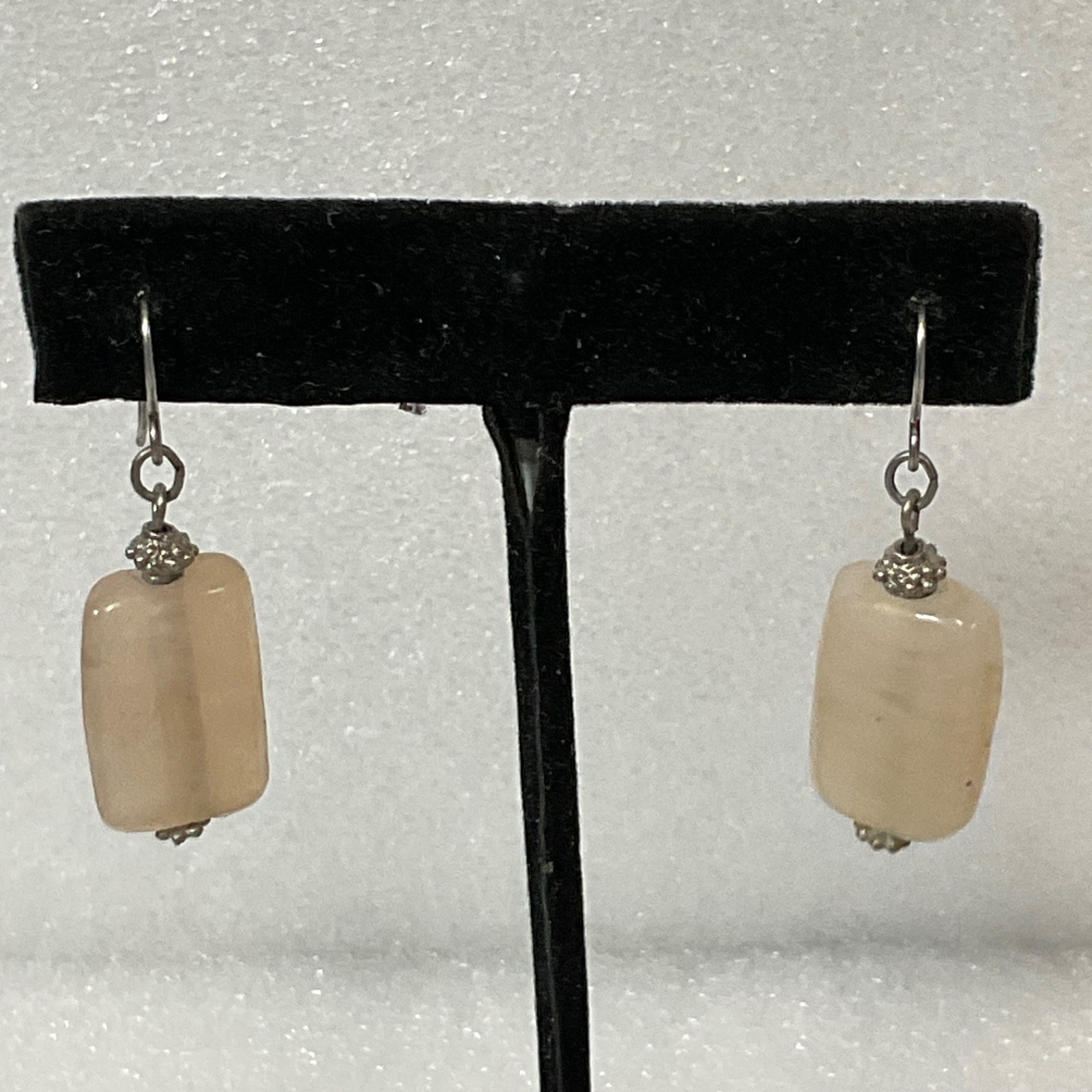 Handmade Beige Stone Dangle Earrings 1.5in Rectangle Bead Drop Jewelry 6.32g - Image 1