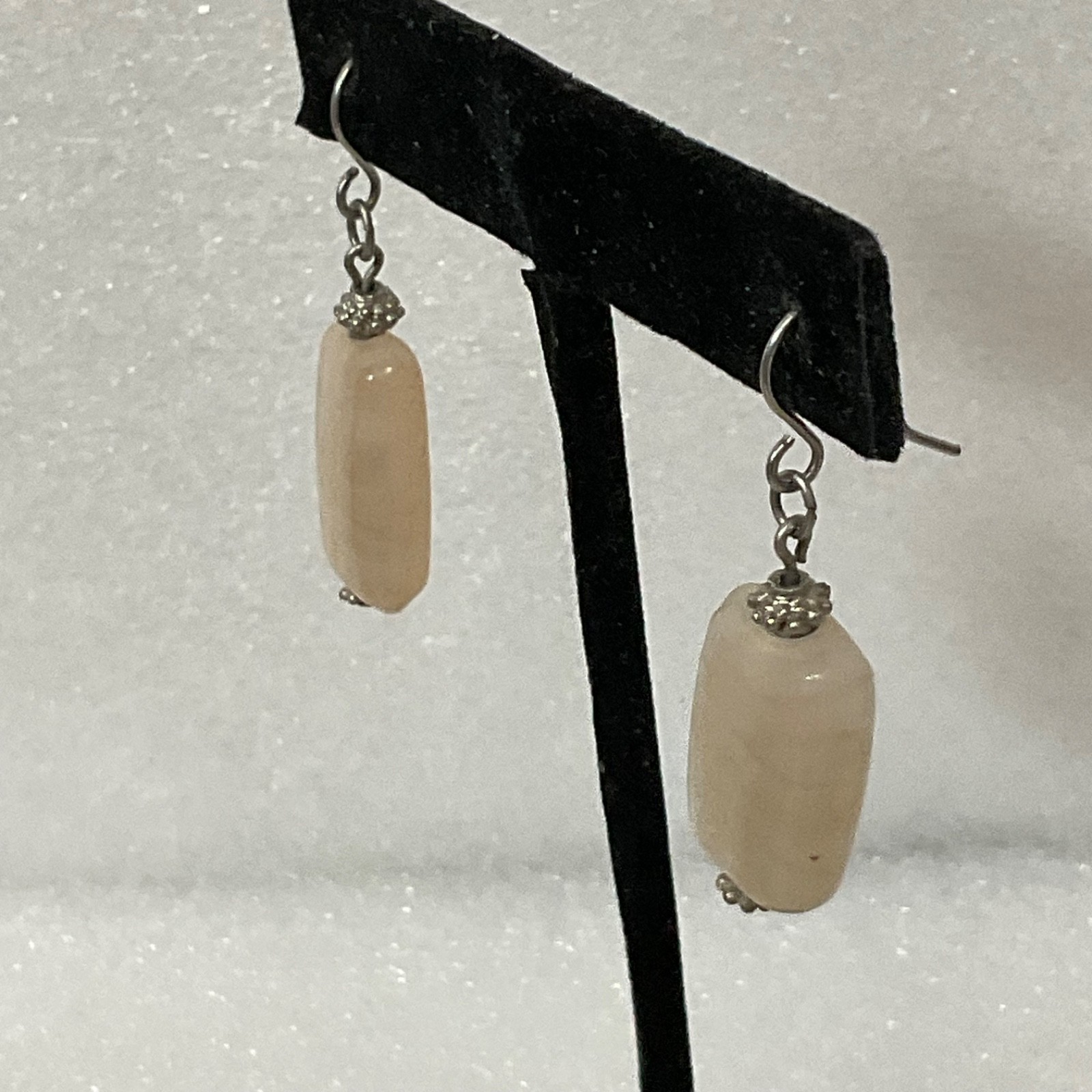 Handmade Beige Stone Dangle Earrings 1.5in Rectangle Bead Drop Jewelry 6.32g - Image 2