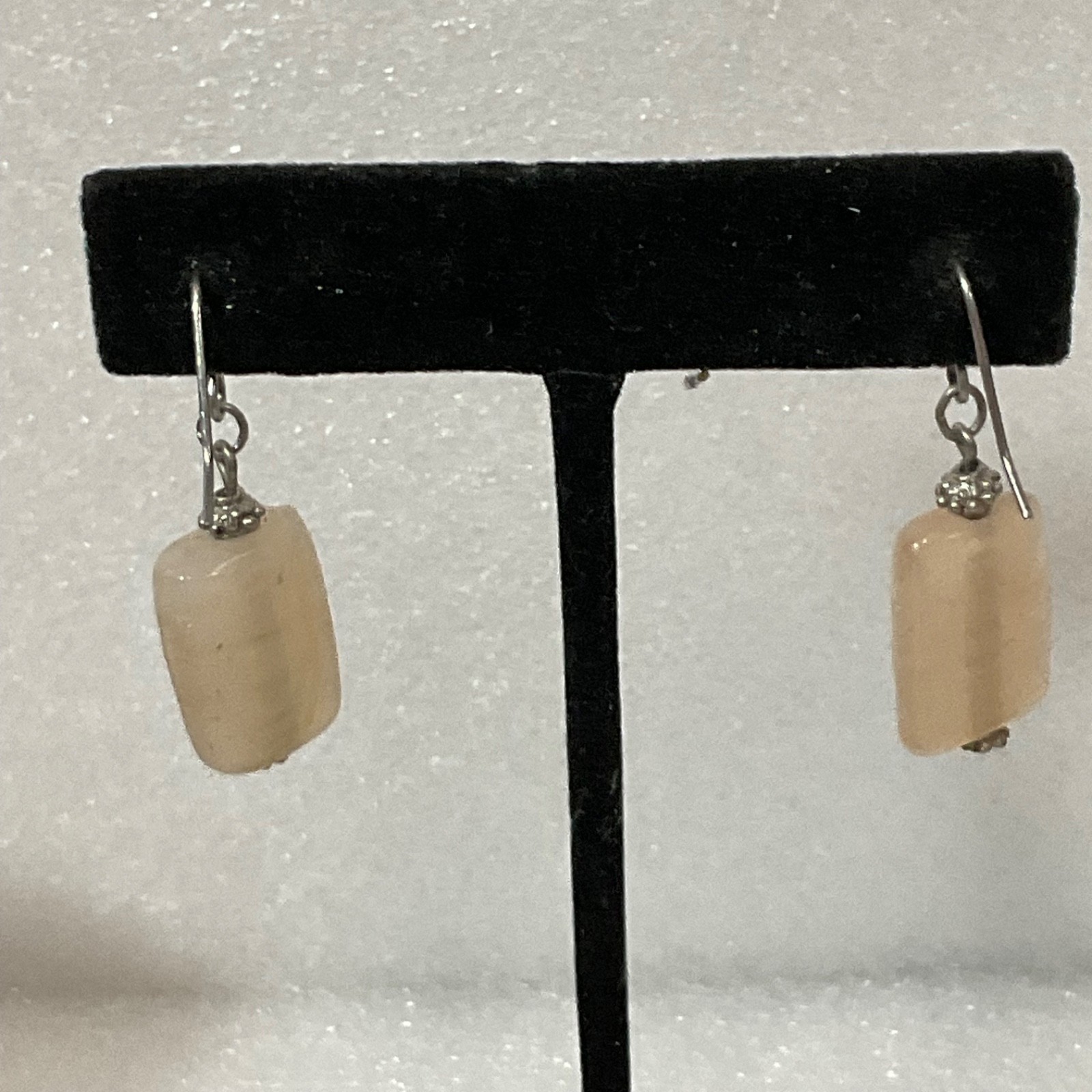 Handmade Beige Stone Dangle Earrings 1.5in Rectangle Bead Drop Jewelry 6.32g - Image 4