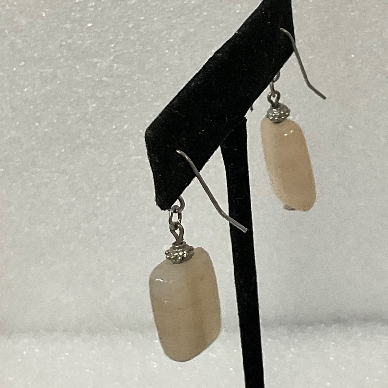 Handmade Beige Stone Dangle Earrings 1.5in Rectangle Bead Drop Jewelry 6.32g - Image 3