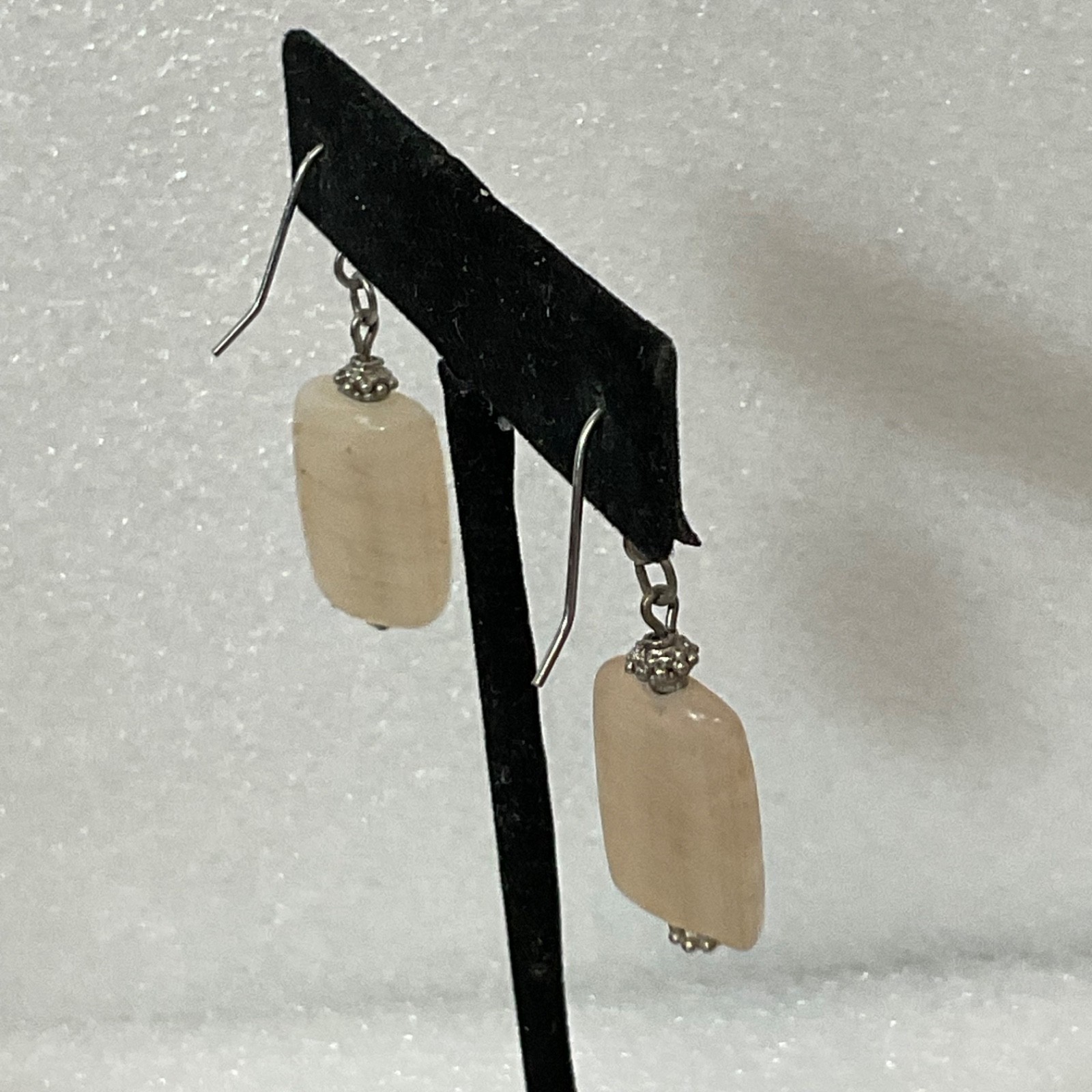 Handmade Beige Stone Dangle Earrings 1.5in Rectangle Bead Drop Jewelry 6.32g - Image 5