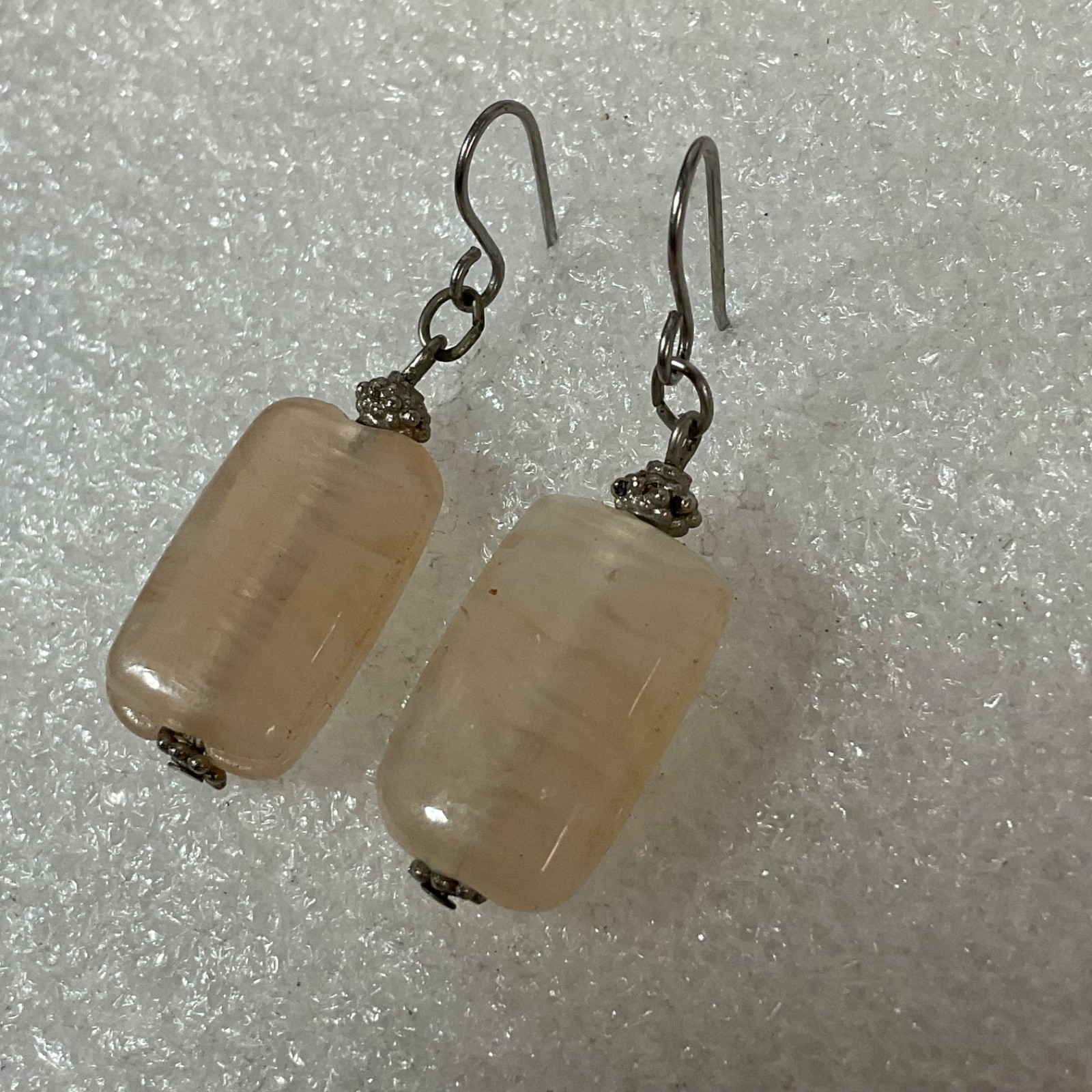 Handmade Beige Stone Dangle Earrings 1.5in Rectangle Bead Drop Jewelry 6.32g - Image 8