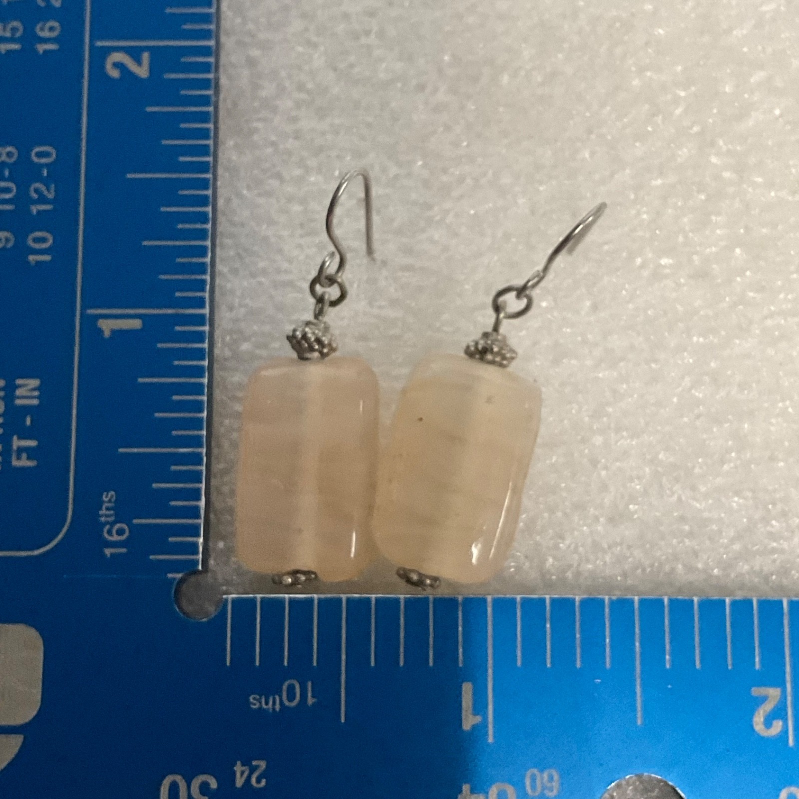 Handmade Beige Stone Dangle Earrings 1.5in Rectangle Bead Drop Jewelry 6.32g - Image 9