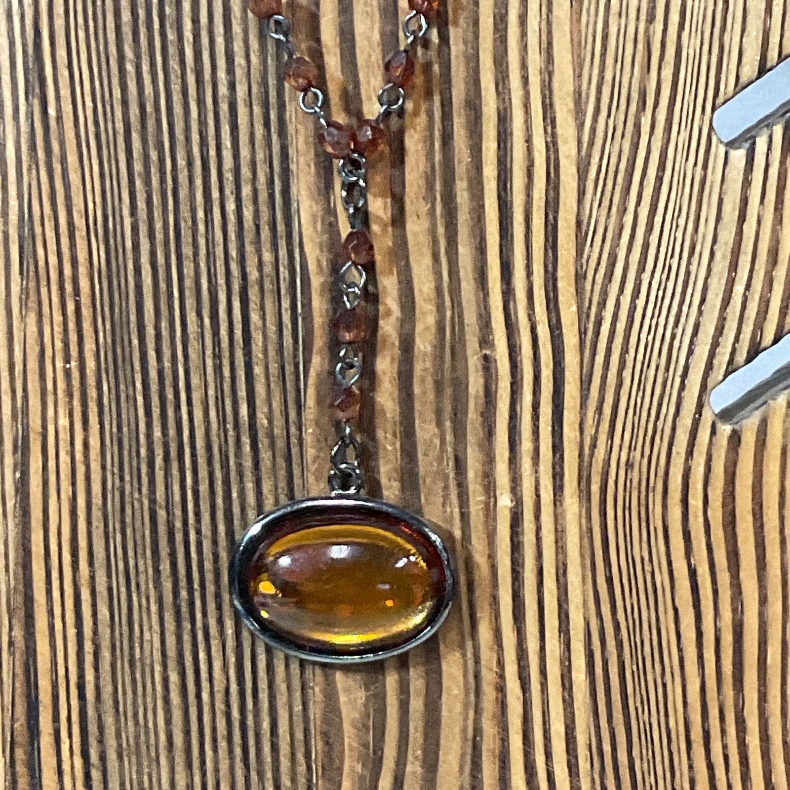 18in Claire’s Pendant Necklace Amber Glass Bead Chain Gunmetal Tone Jewelry - Image 3