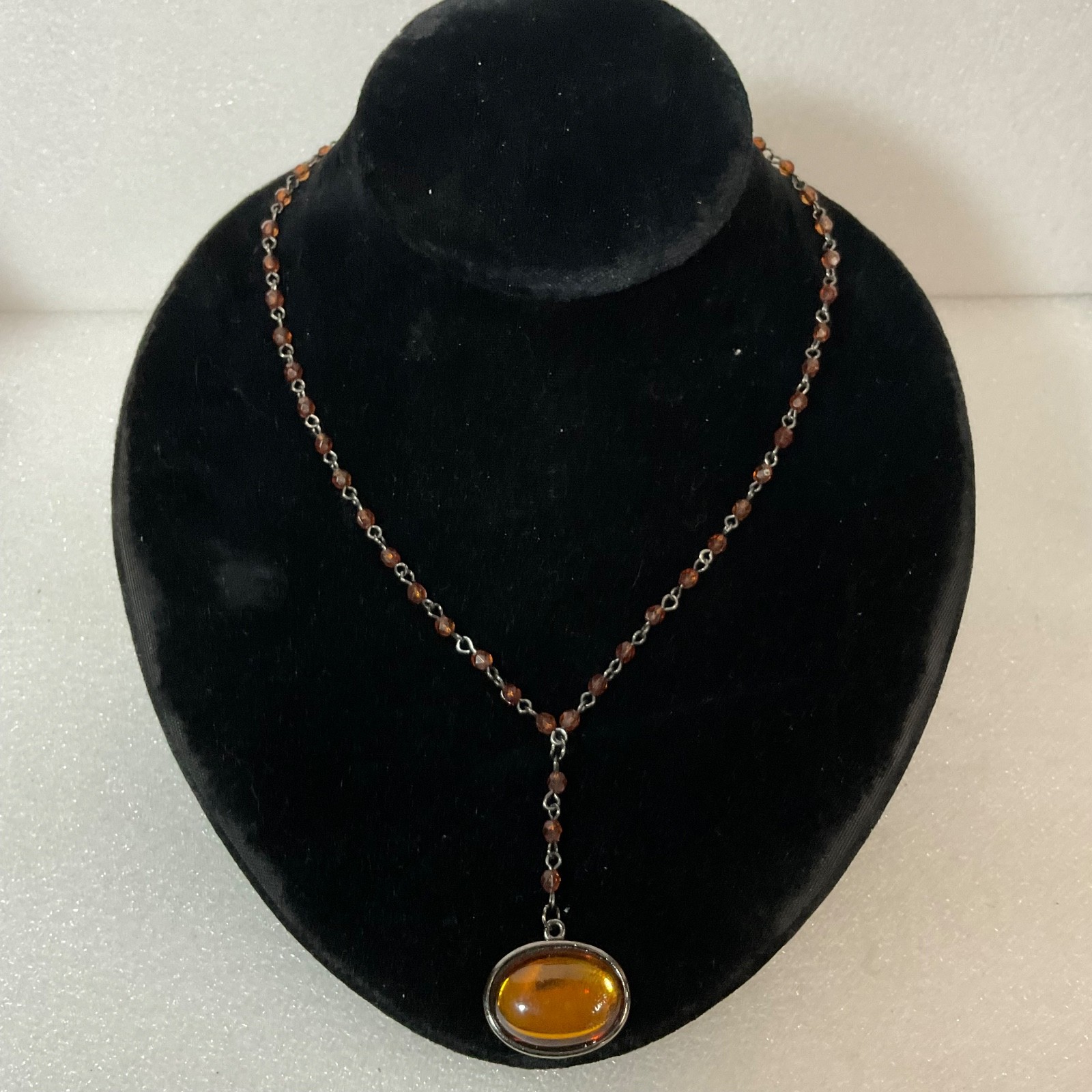 18in Claire’s Pendant Necklace Amber Glass Bead Chain Gunmetal Tone Jewelry - Image 1