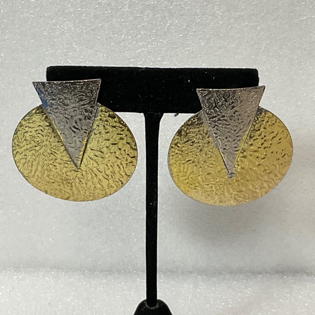 Vintage Geometric Textured Earrings Silver Gold Tone Circle Triangle 8.65g 2in - Image 1