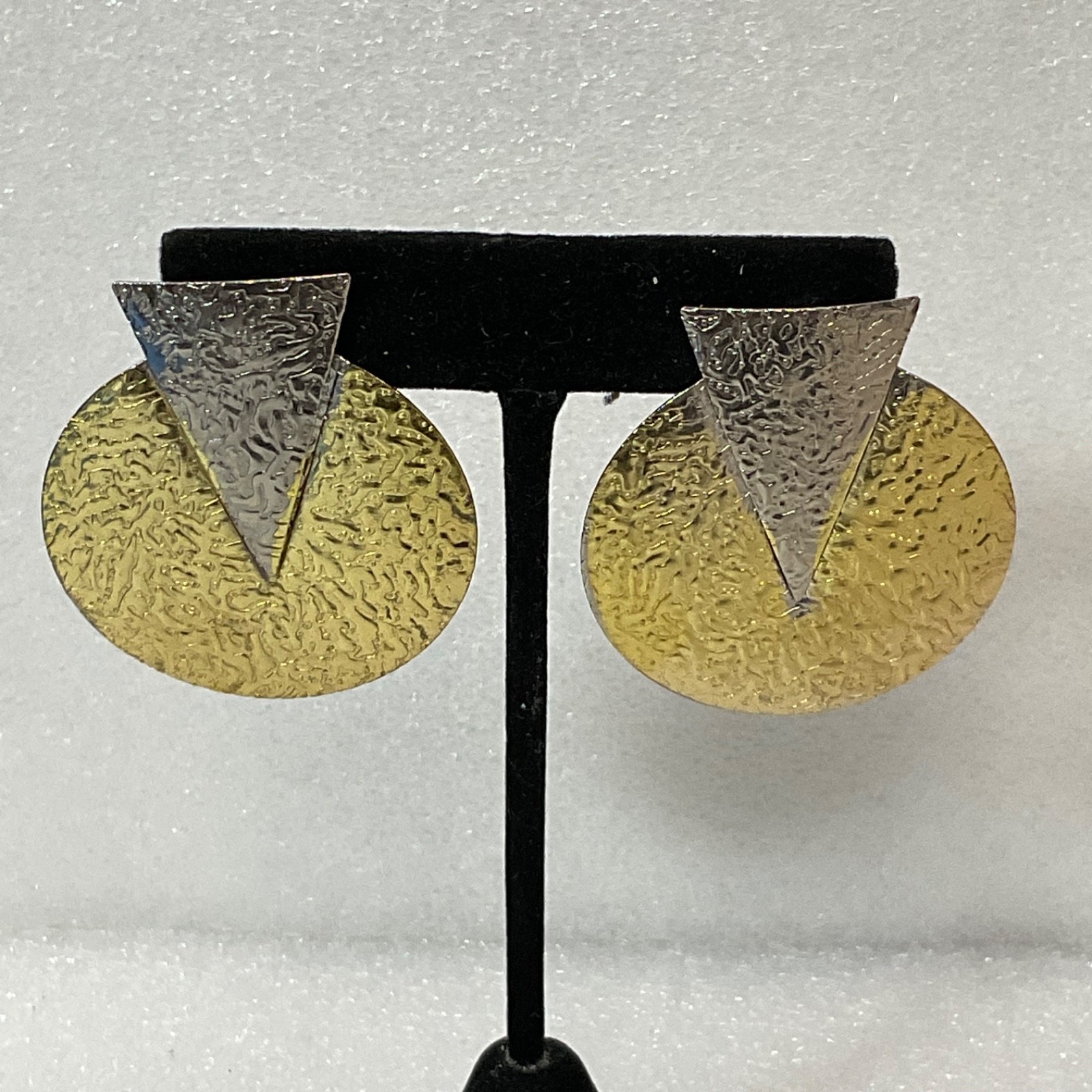 Vintage Geometric Textured Earrings Silver Gold Tone Circle Triangle 8.65g 2in - Image 1