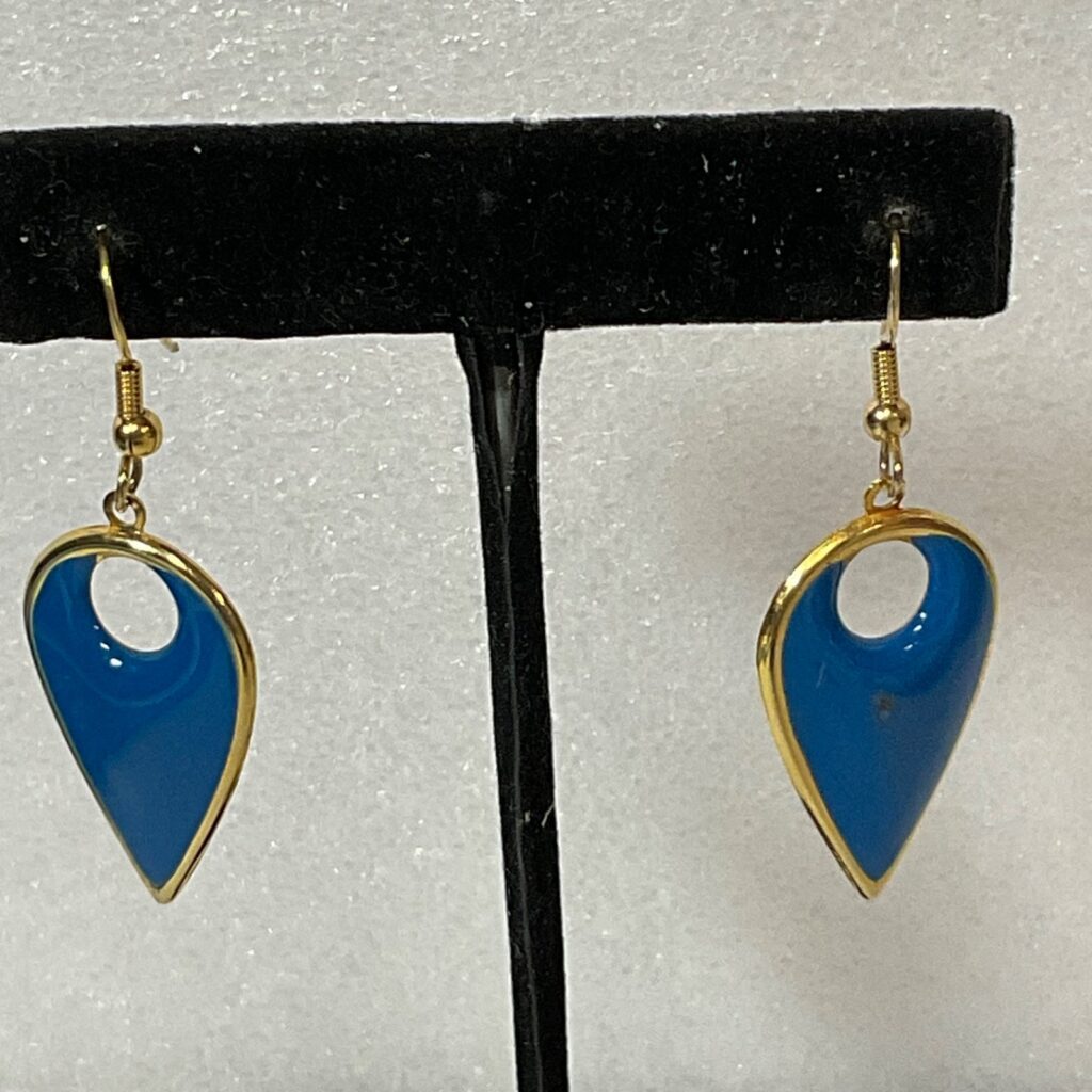 Vintage Blue Enamel Drop Earrings Gold Tone Teardrop Dangle Pierced Jewelry 3g - Image 1