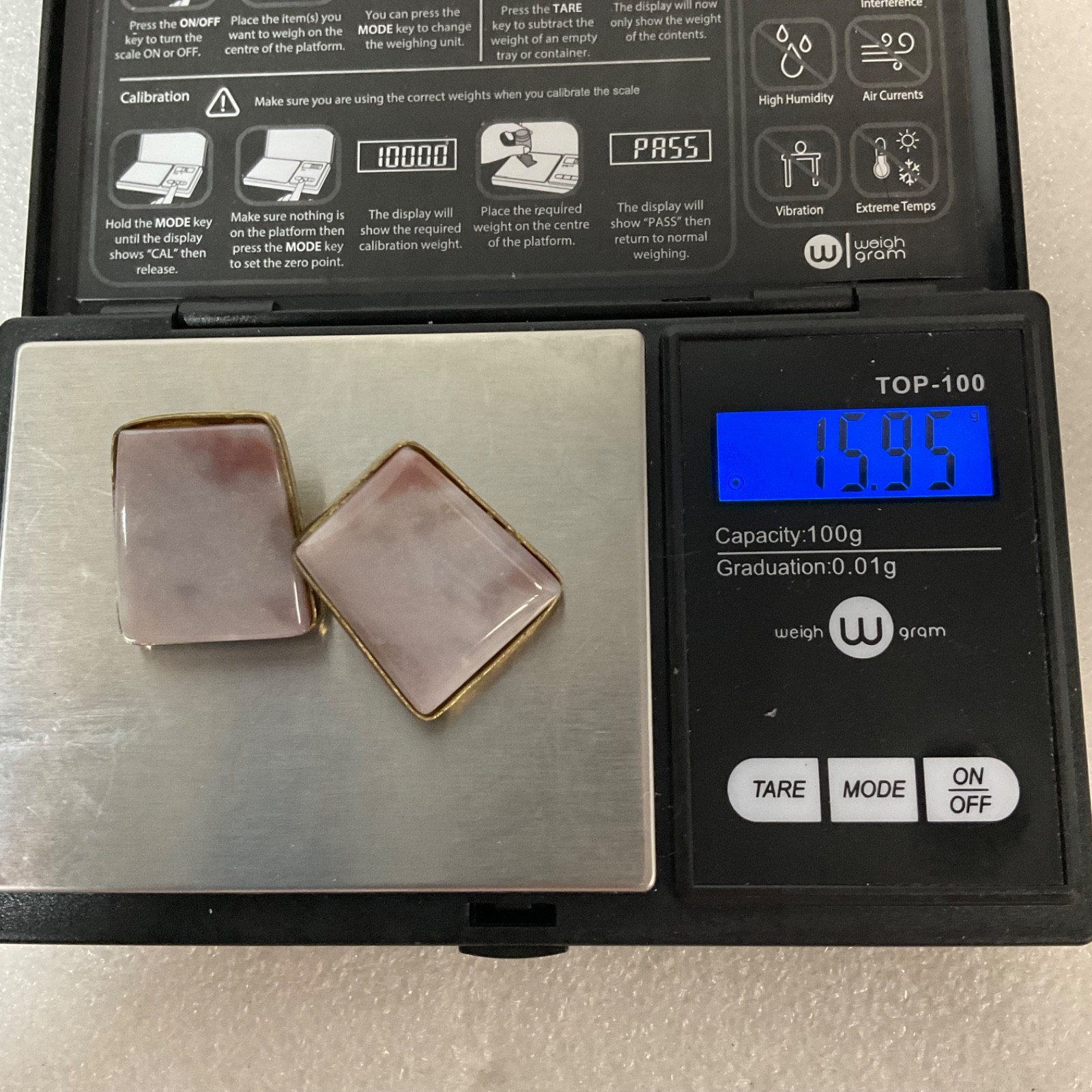 Vintage Pink Stone Brass Earrings 1.25in Geometric Post Studs 15.95g Retro - Image 10