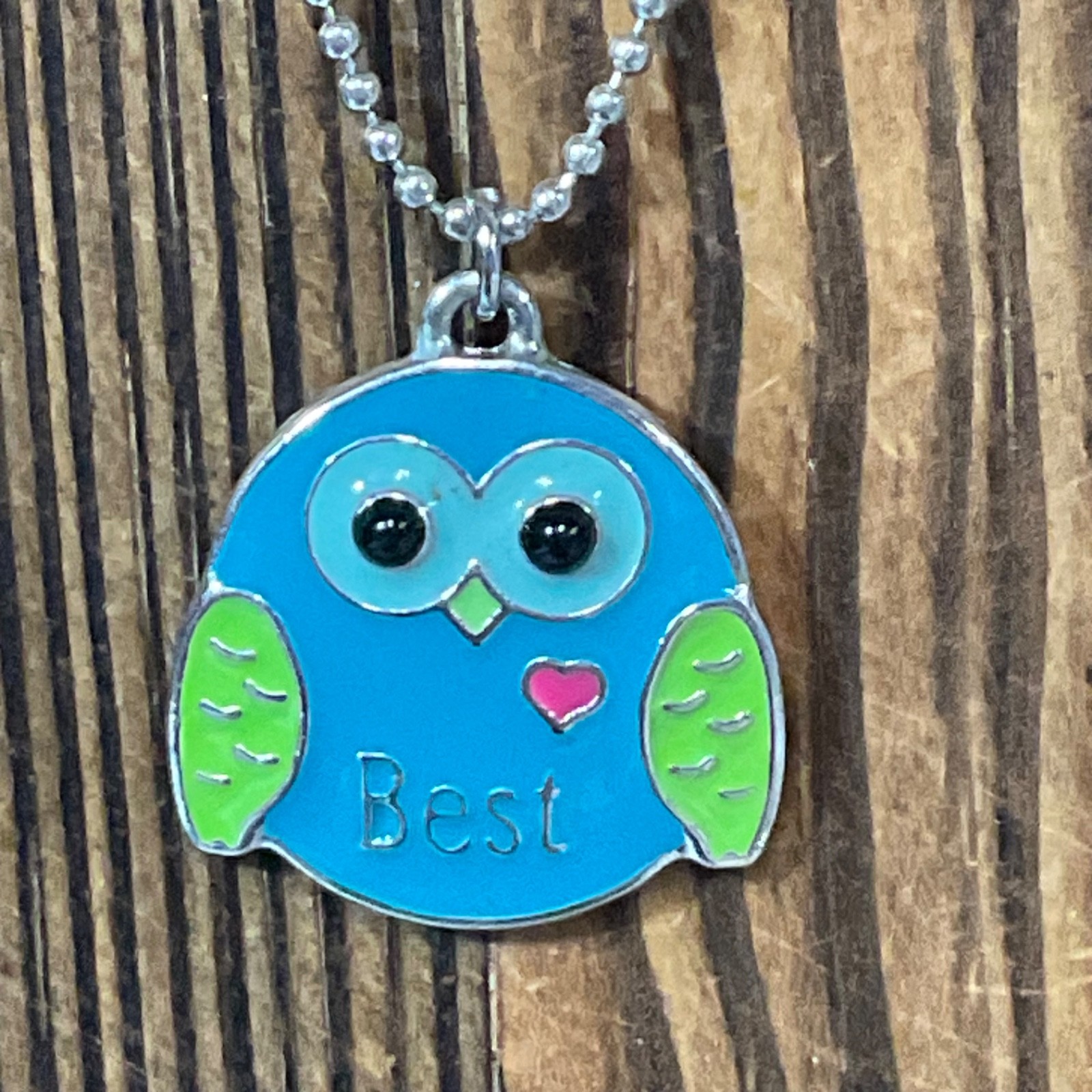 Cute Owl Pendant Necklace Blue Green Enamel "Best" Heart Charm Fashion Jewelry - Image 1