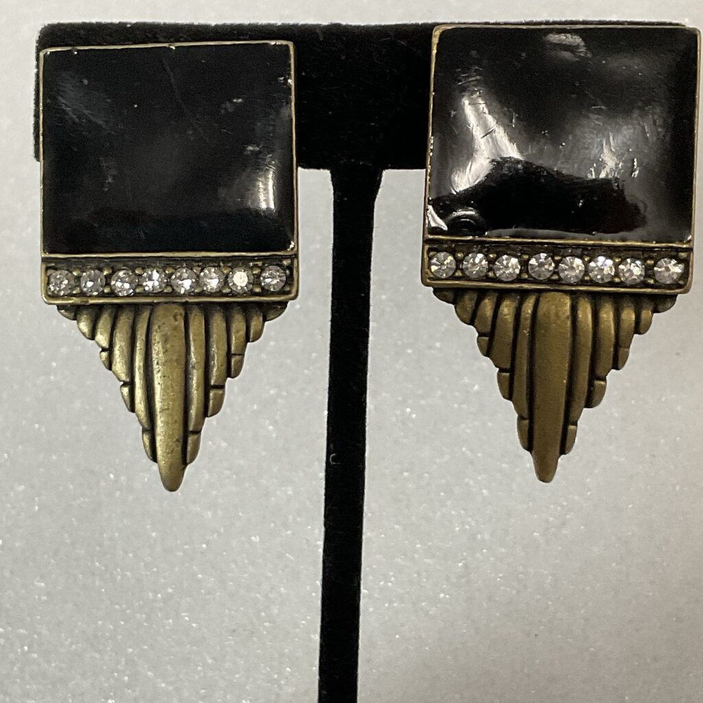 Vintage Art Deco Clip-On Earrings Black Enamel Rhinestone Statement Jewelry - Image 1
