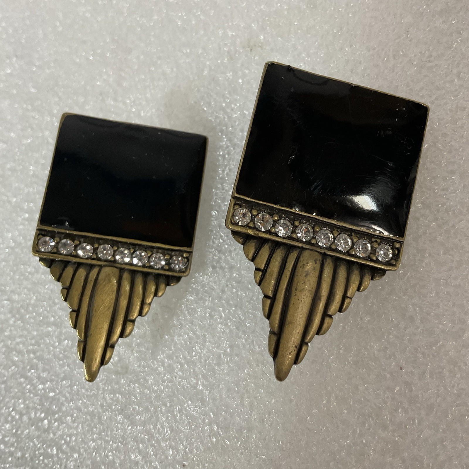 Vintage Art Deco Clip-On Earrings Black Enamel Rhinestone Statement Jewelry - Image 2