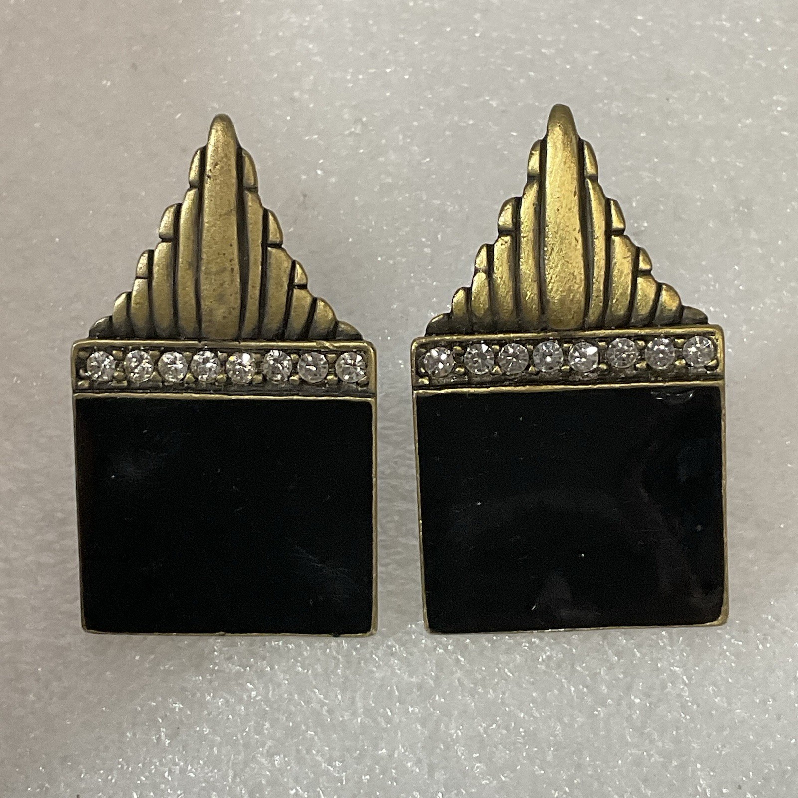 Vintage Art Deco Clip-On Earrings Black Enamel Rhinestone Statement Jewelry - Image 6