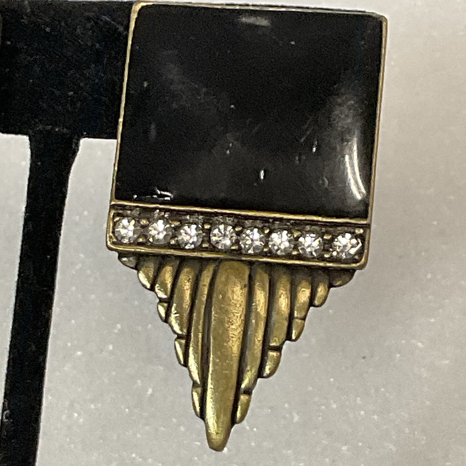 Vintage Art Deco Clip-On Earrings Black Enamel Rhinestone Statement Jewelry - Image 8