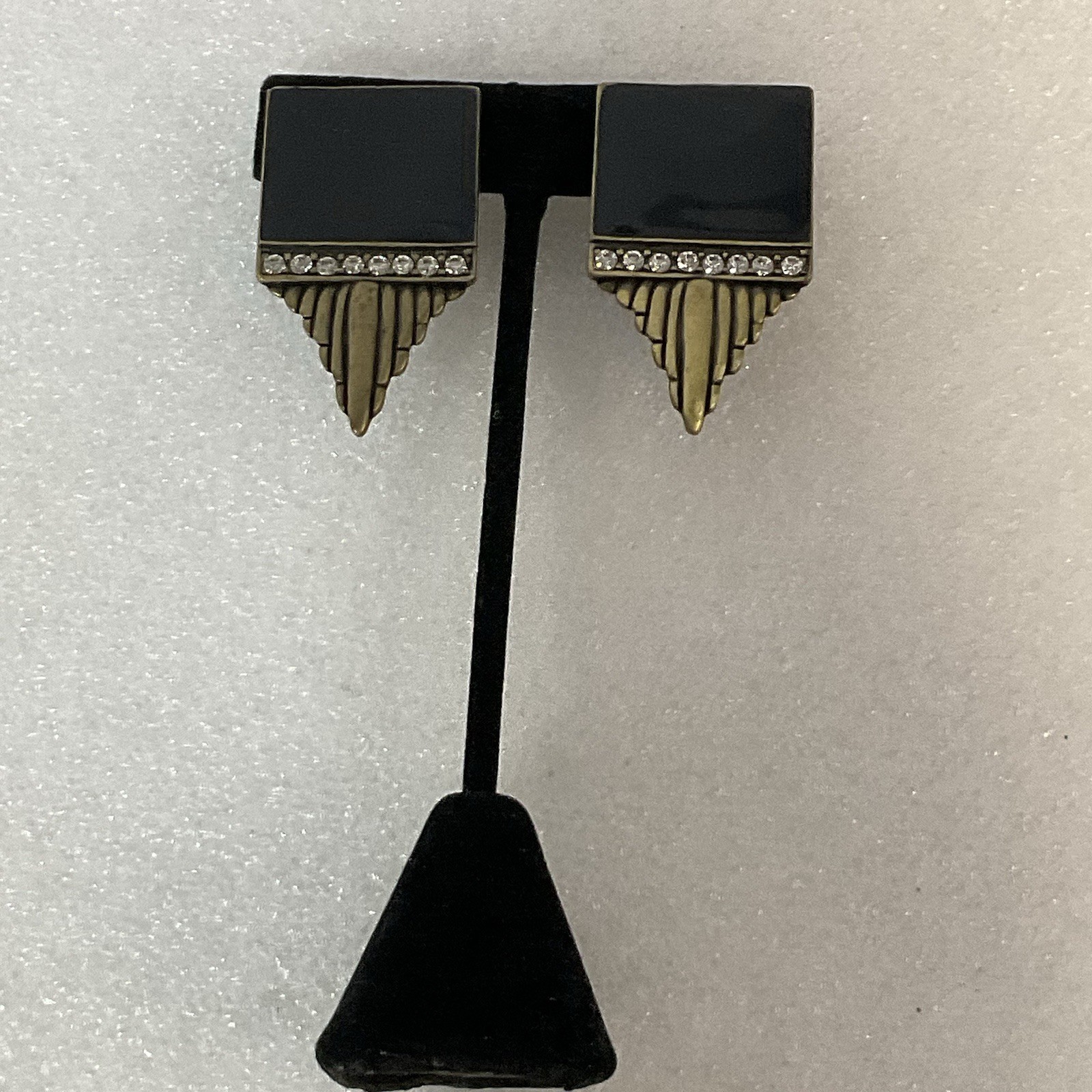 Vintage Art Deco Clip-On Earrings Black Enamel Rhinestone Statement Jewelry - Image 9