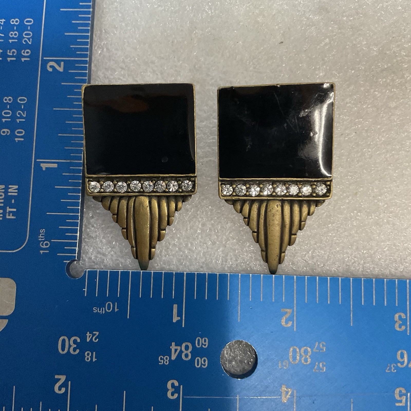 Vintage Art Deco Clip-On Earrings Black Enamel Rhinestone Statement Jewelry - Image 13